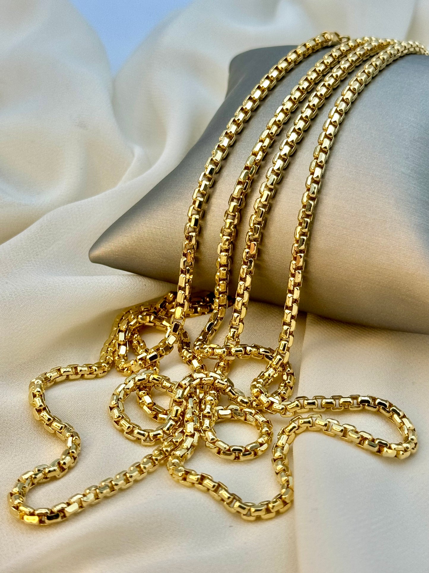 14K Real Gold Round Box Chain Necklace, 19.8" & 23.8", 3.5mm Thickness, Real Gold Box Chain for Him & Her