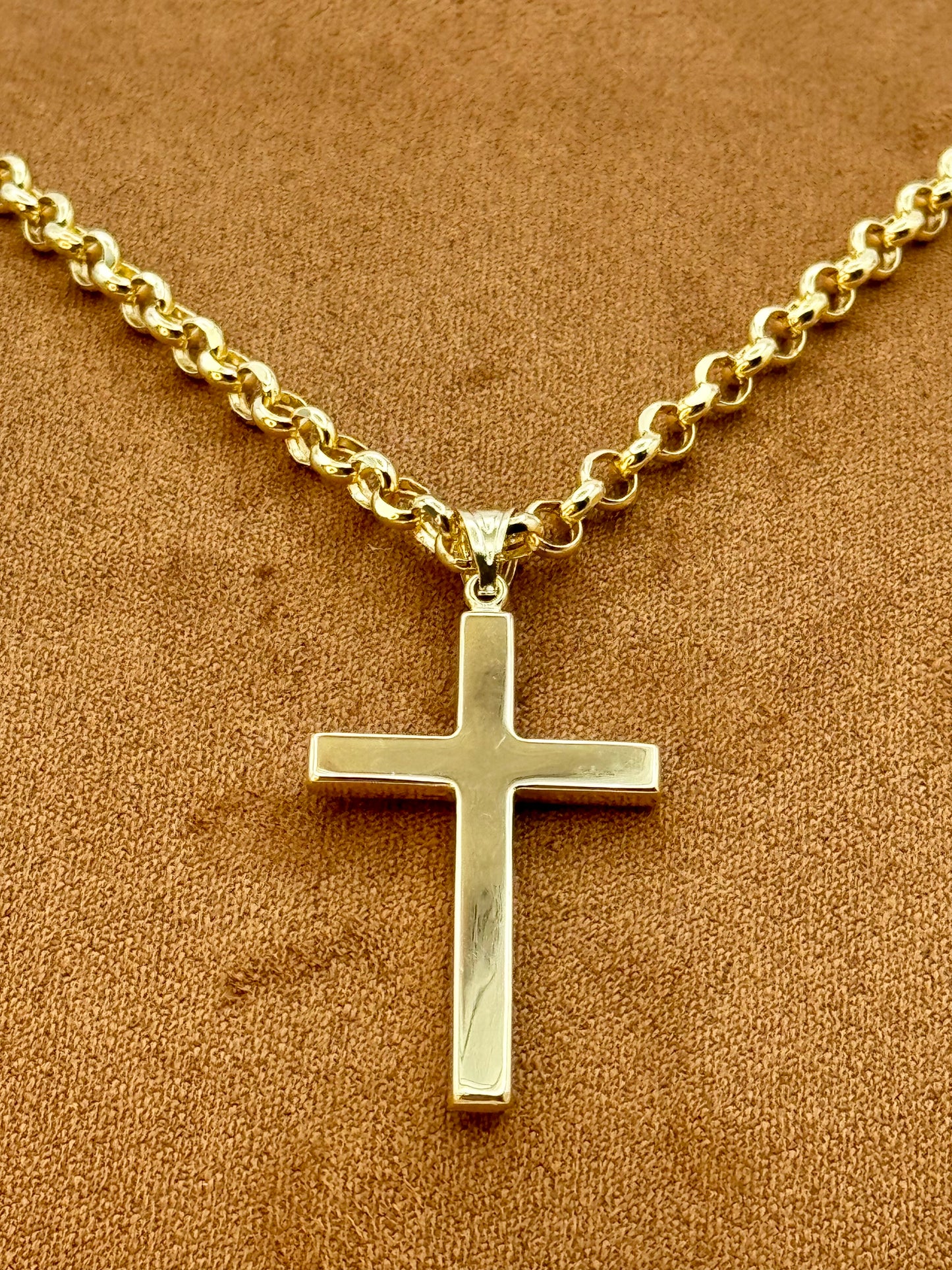 14K Gold Cross Necklace with 22" Rolo Chain – 4mm, Chunky Gold Cross, Perfect Gift.