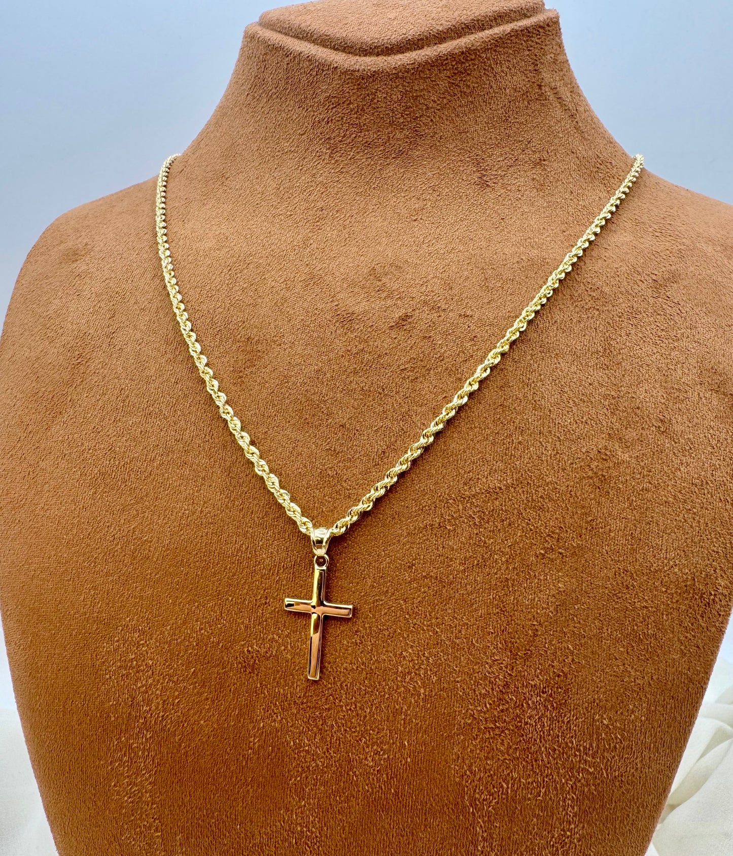 18K Real Gold Plain Cross Necklace with Rope Chain 2mm – Plain Cross Pendant 21.5” 23.5” | Christian Jewelry Gift for Men & Women