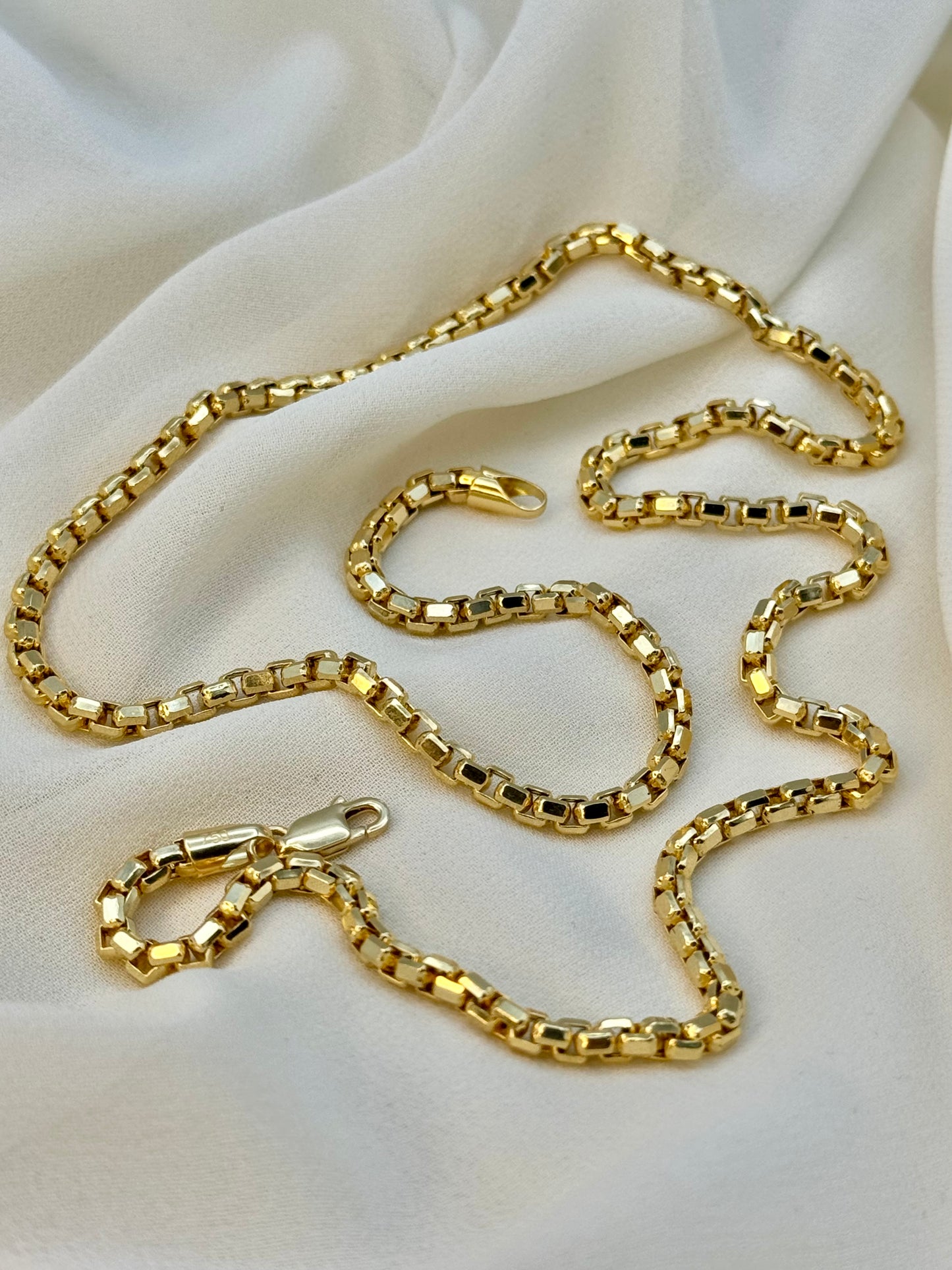 14K Real Gold Round Box Chain Necklace, 19.8" & 23.8", 3.5mm Thickness, Real Gold Box Chain for Him & Her