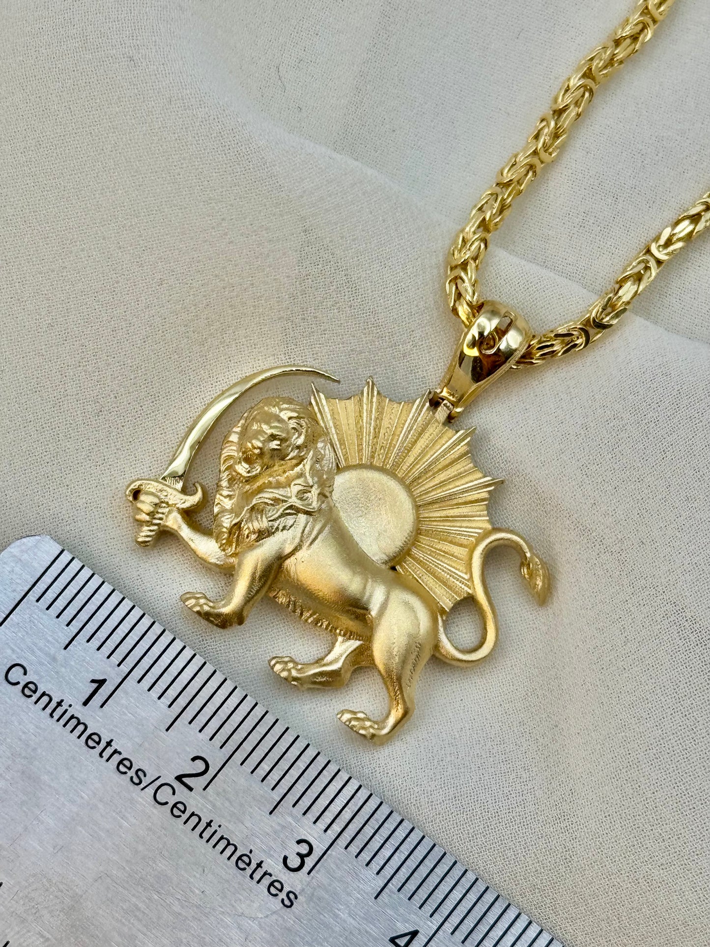 18k Solid Gold Shir o Khorshid Handmade, Lion and Sun Necklace, with 21.5", 2.6mm byzantine chain, Symbol of Pahlavi, Made in Toronto, For Gift, Birthday gift .