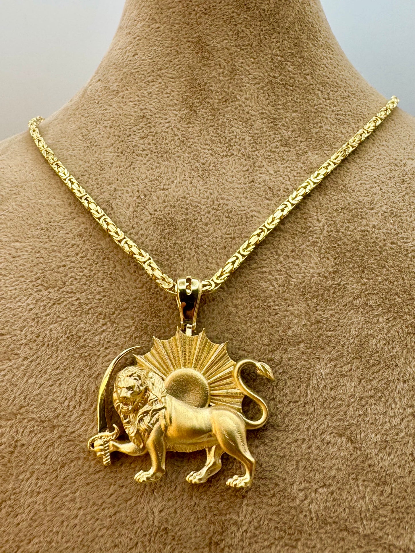 18k Solid Gold Shir o Khorshid Handmade, Lion and Sun Necklace, with 21.5", 2.6mm byzantine chain, Symbol of Pahlavi, Made in Toronto, For Gift, Birthday gift .