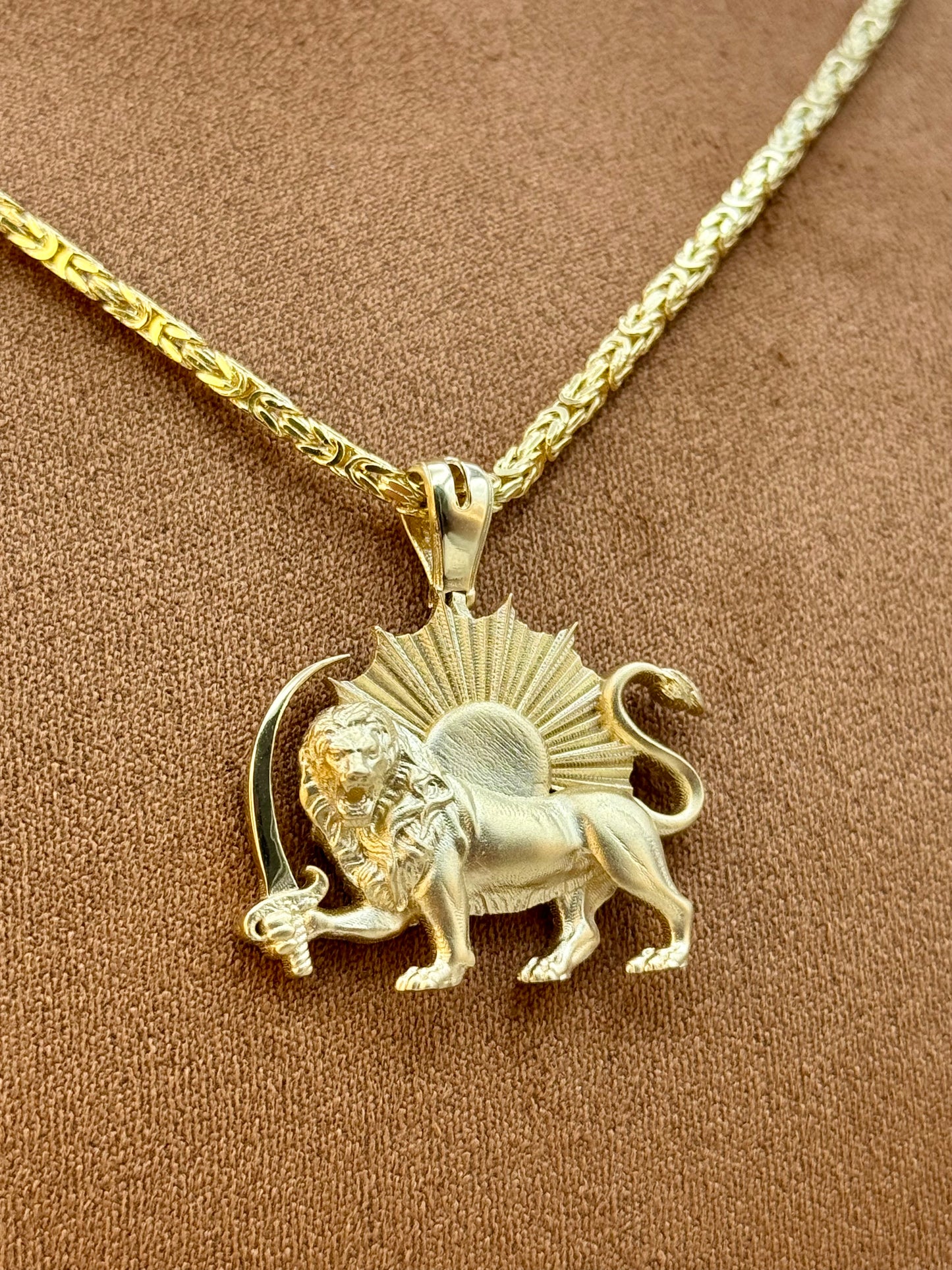 18k Solid Gold Shir o Khorshid Handmade, Lion and Sun Necklace, with 21.5", 2.6mm byzantine chain, Symbol of Pahlavi, Made in Toronto, For Gift, Birthday gift .
