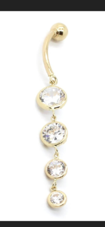 14K Yellow Gold Reverse Dangling Bezel Belly Ring with Four Round CZ
