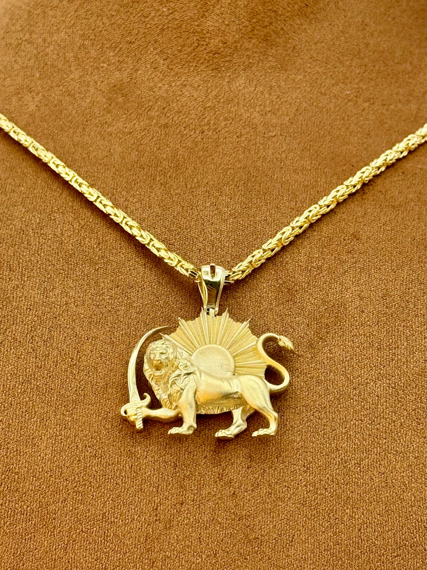 18k Solid Gold Shir o Khorshid Handmade, Lion and Sun Necklace, with 21.5", 2.6mm byzantine chain, Symbol of Pahlavi, Made in Toronto, For Gift, Birthday gift .