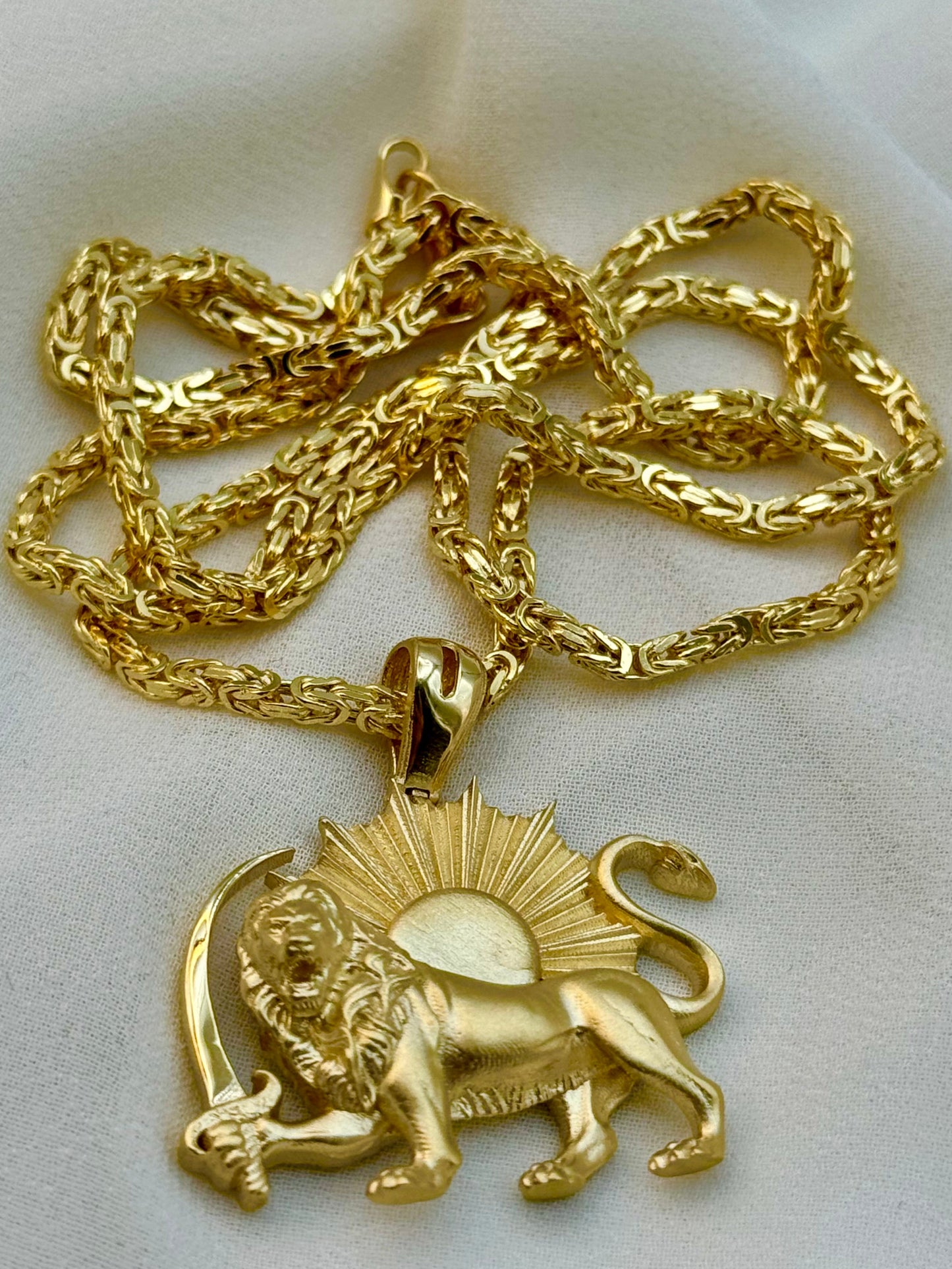 18k Solid Gold Shir o Khorshid Handmade, Lion and Sun Necklace, with 21.5", 2.6mm byzantine chain, Symbol of Pahlavi, Made in Toronto, For Gift, Birthday gift .