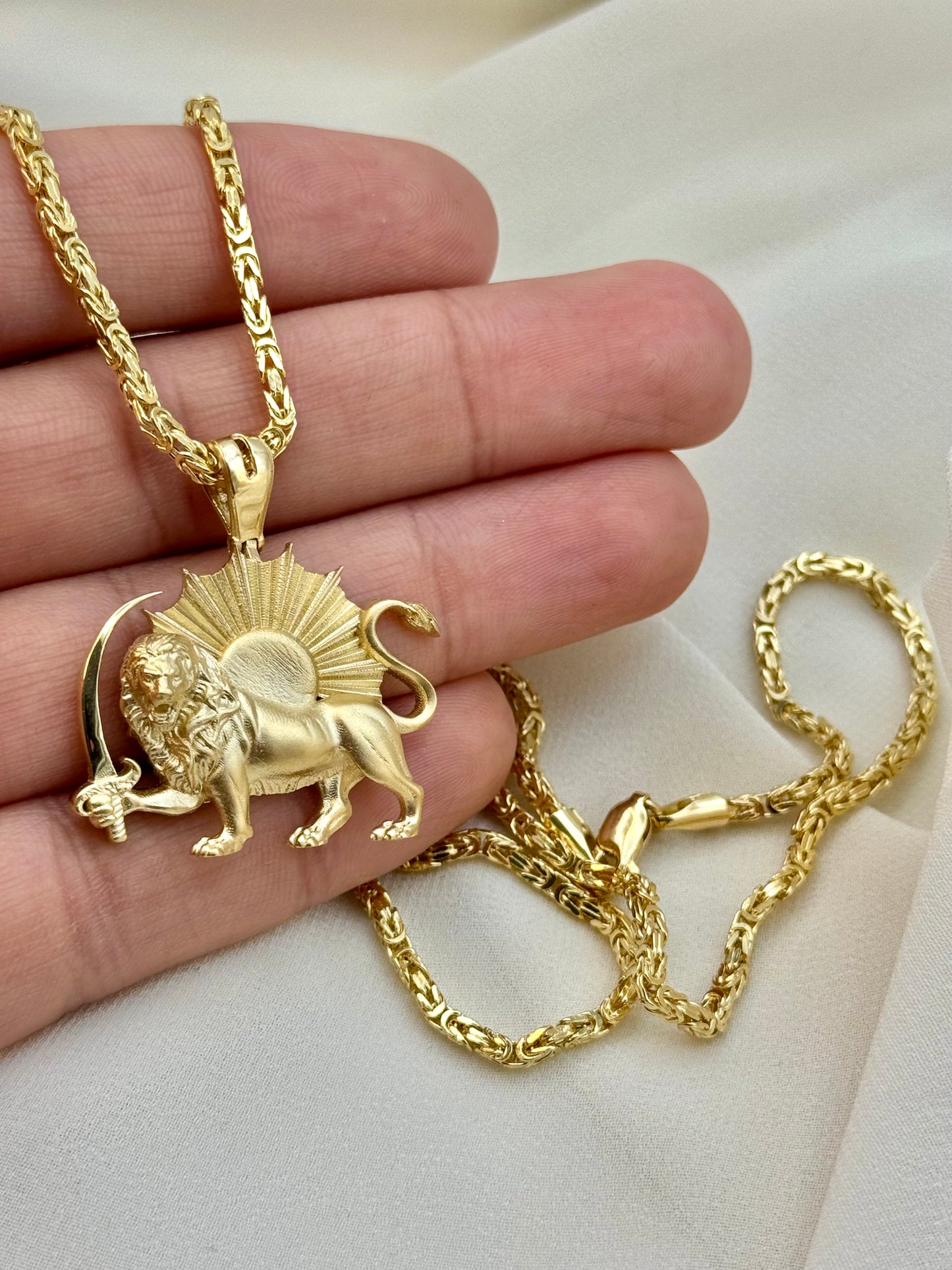 18k Solid Gold Shir o Khorshid Handmade, Lion and Sun Necklace, with 21.5", 2.6mm byzantine chain, Symbol of Pahlavi, Made in Toronto, For Gift, Birthday gift .