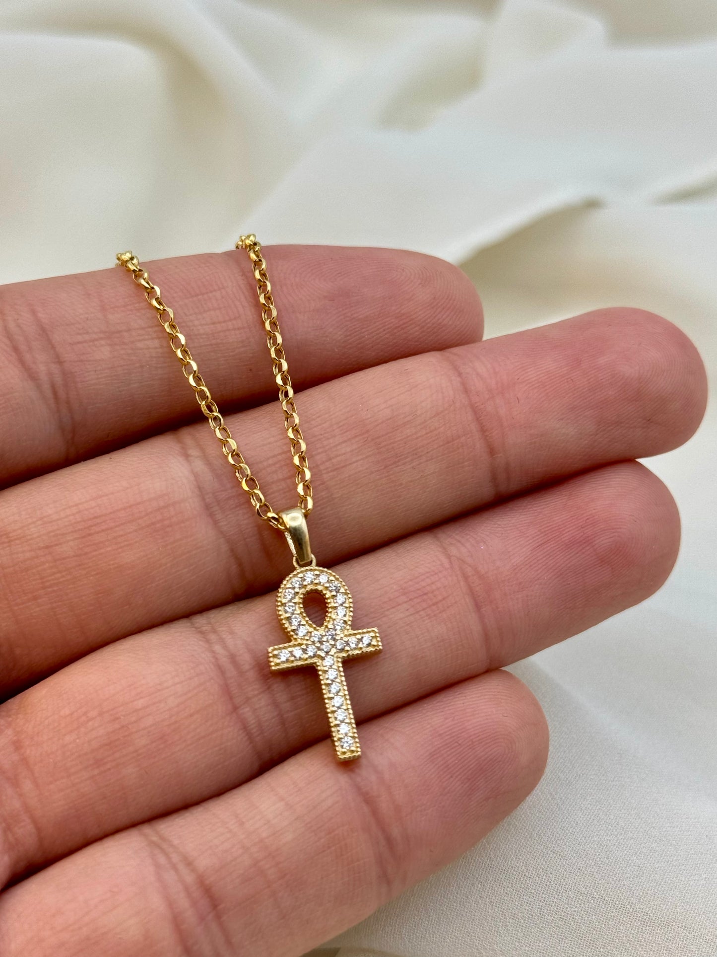 Pendentif croix Ankh en or 14 carats avec zircone cubique – Collier à breloques Ankh en or