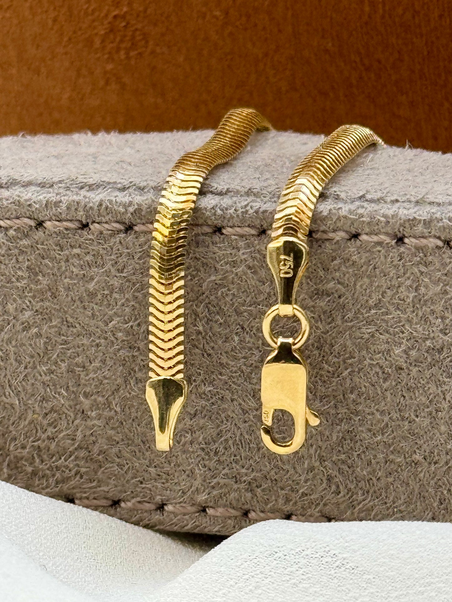 18K Solid Gold Herringbone Bracelet, 7.5” | 3mm Flat Snake Chain Bracelet for Women | Shiny Delicate Gold Bracelet | Luxury Gift Jewelry