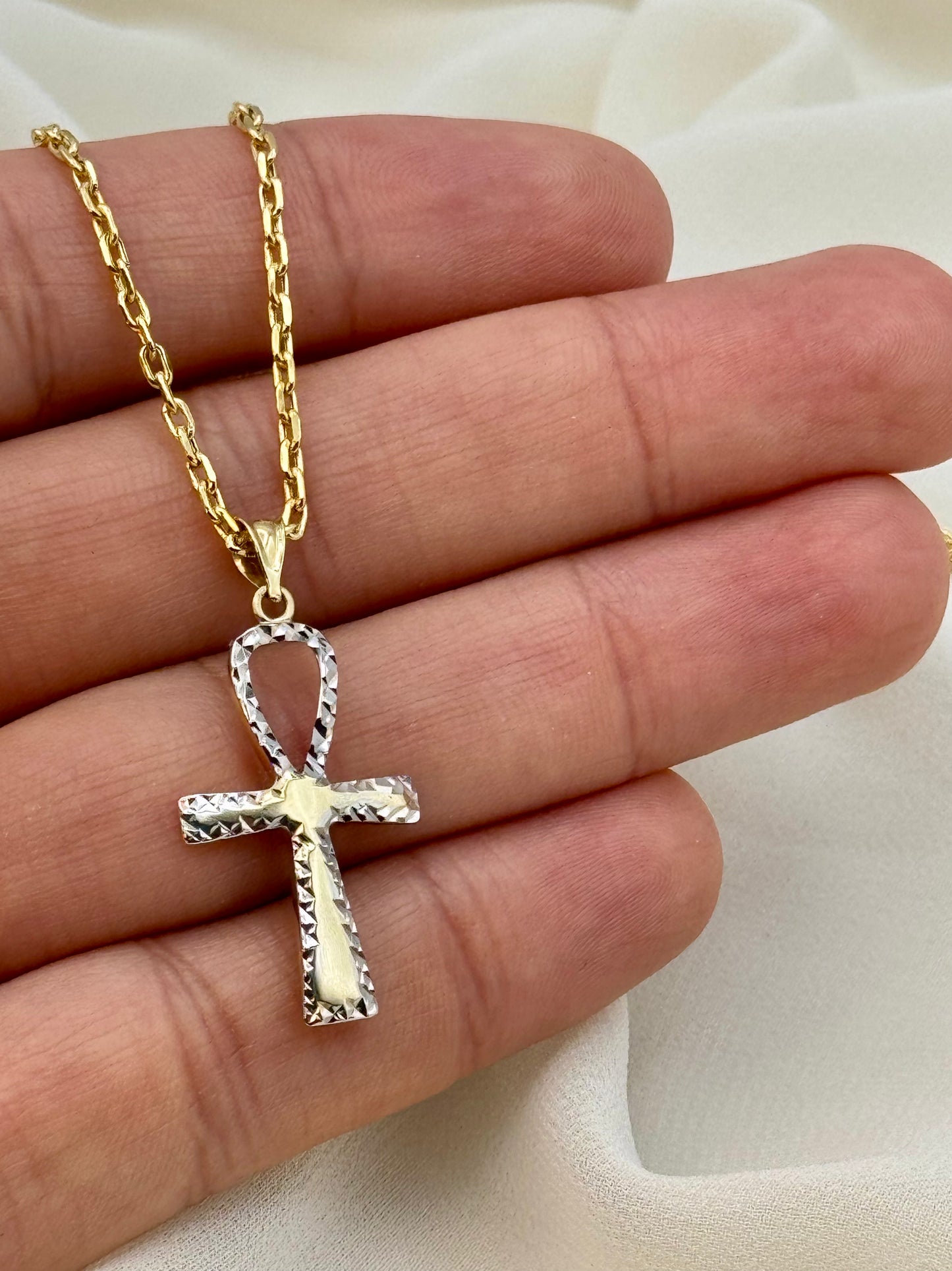 Pendentif croix Ankh en or 14 carats, taille diamant, et chaîne en or 18 carats, 44,5 cm – Collier croix Ankh unique en or, cadeau d'anniversaire idéal pour elle