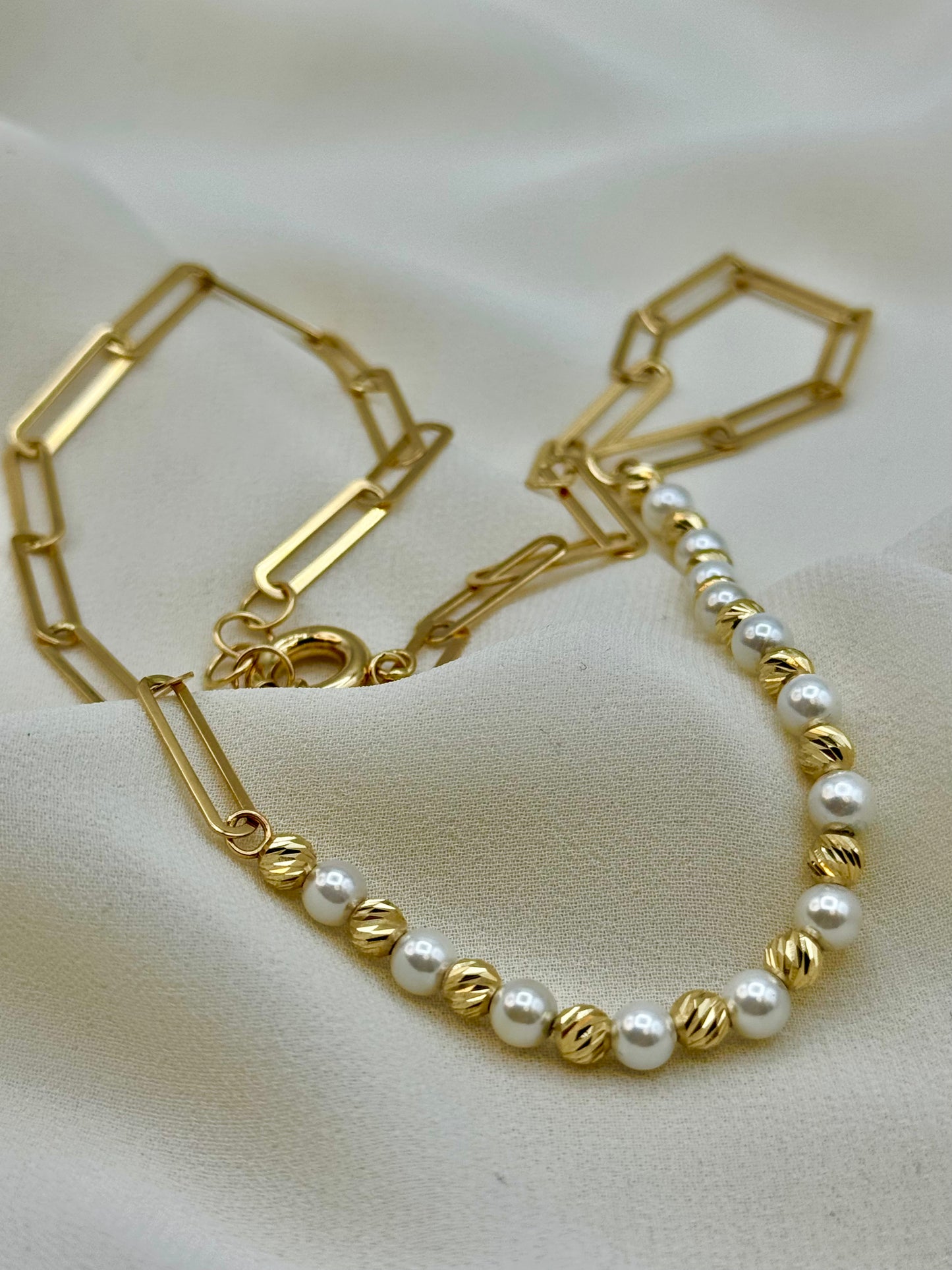 18K Solid Gold Paperclip Necklace with Cultured Pearls & Diamond-Cut Beads – Elegant Beaded Gold Necklace Gift for Her