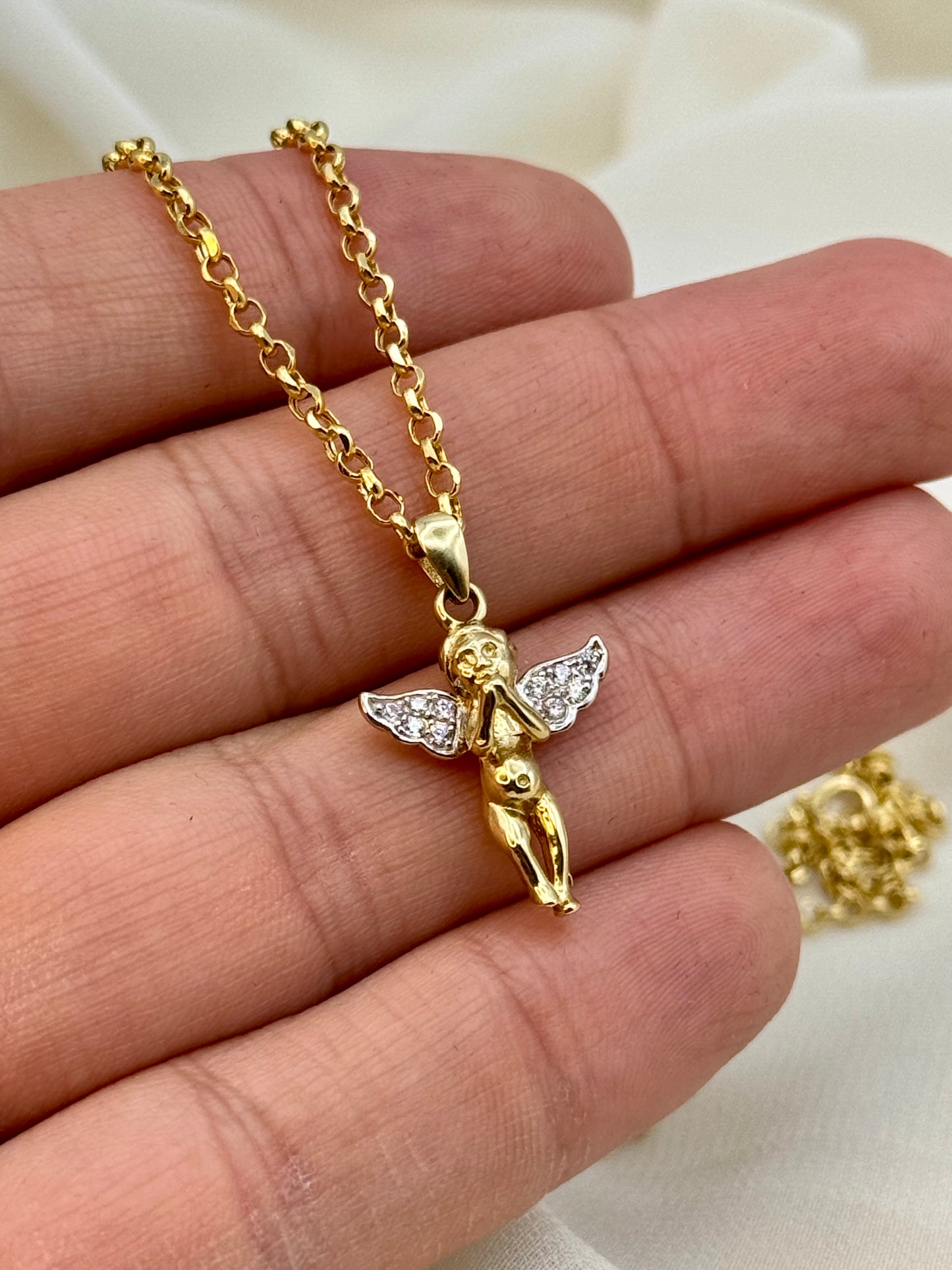 Collier ange en or 14 carats - 49,5 cm, 1,5 mm - Pendentif délicat bébé ange - Collier ange gardien