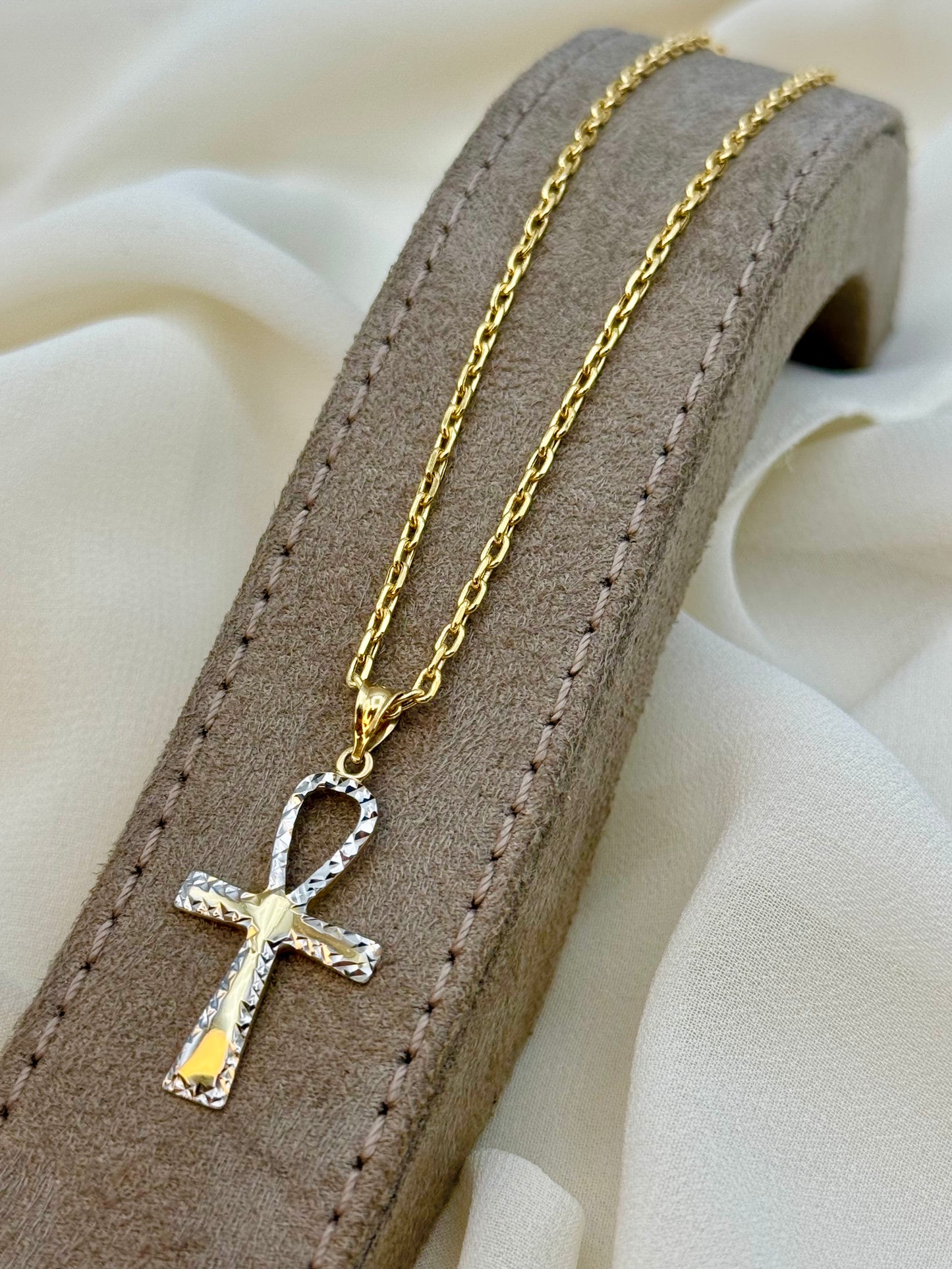 Pendentif croix Ankh en or 14 carats, taille diamant, et chaîne en or 18 carats, 44,5 cm – Collier croix Ankh unique en or, cadeau d'anniversaire idéal pour elle