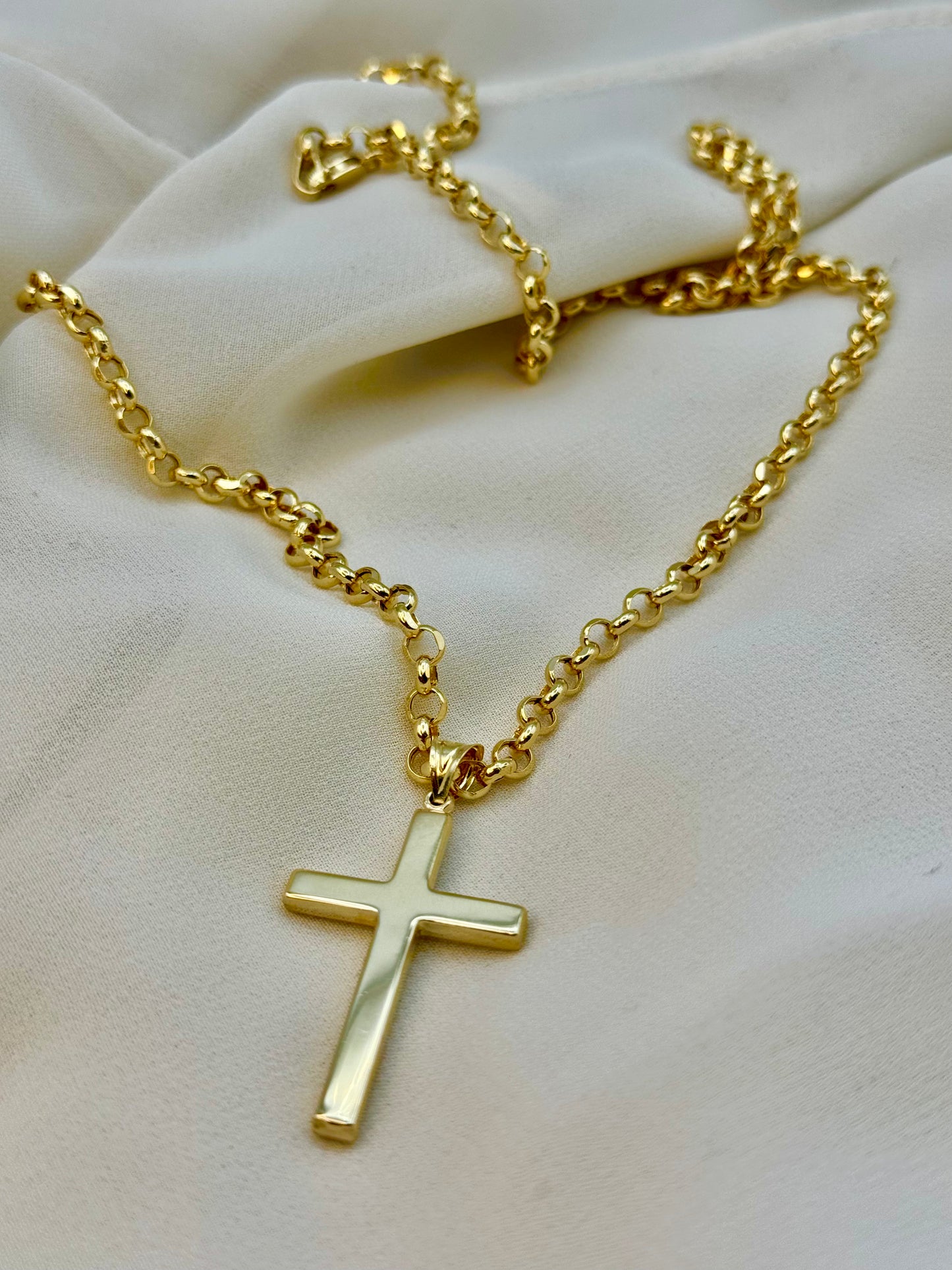 14K Gold Cross Necklace with 22" Rolo Chain – 4mm, Chunky Gold Cross, Perfect Gift.