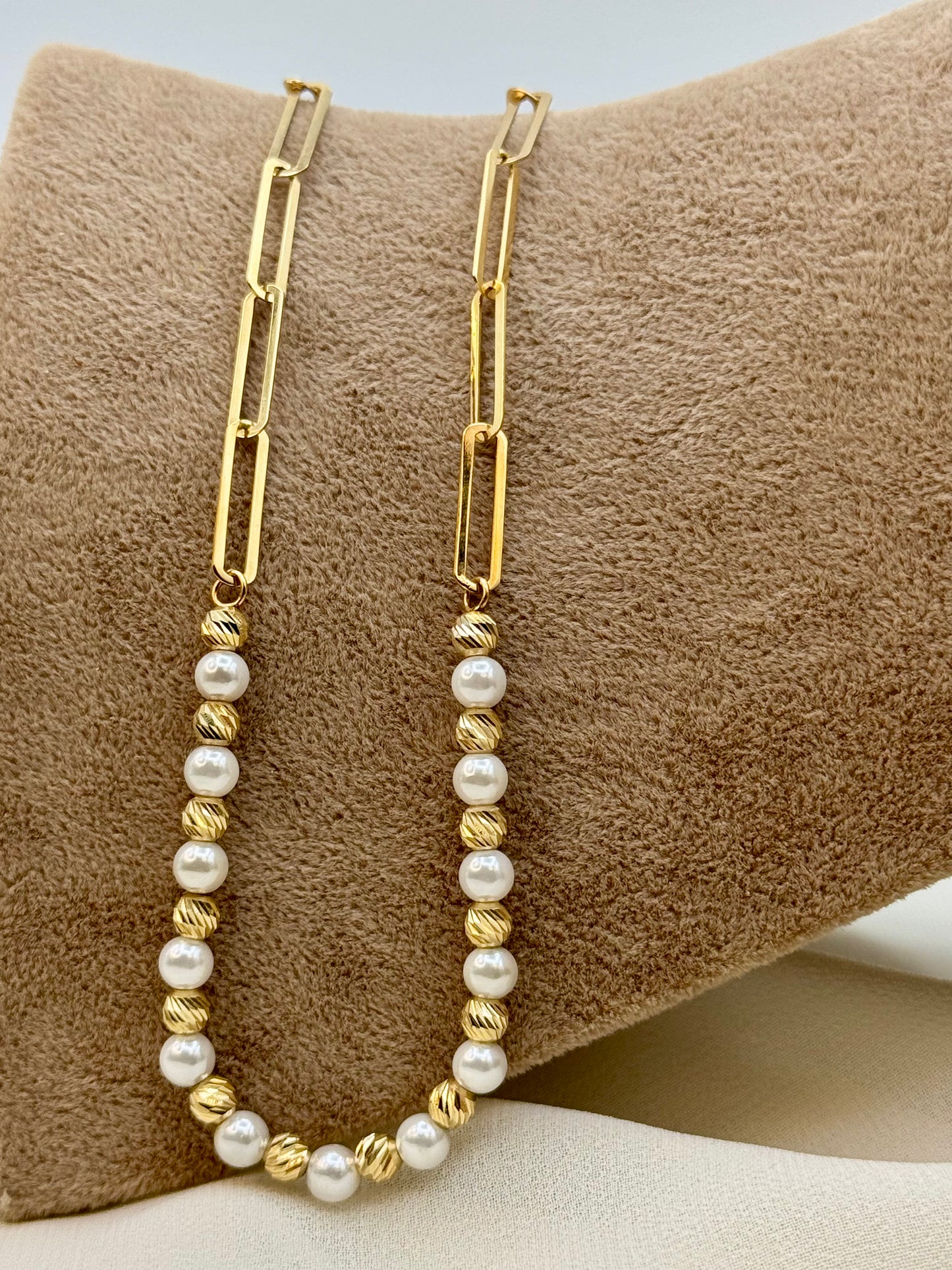 18K Solid Gold Paperclip Necklace with Cultured Pearls & Diamond-Cut Beads – Elegant Beaded Gold Necklace Gift for Her