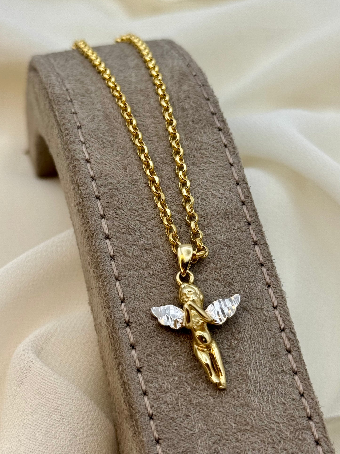 Collier ange en or 14 carats - 49,5 cm, 1,5 mm - Pendentif délicat bébé ange - Collier ange gardien