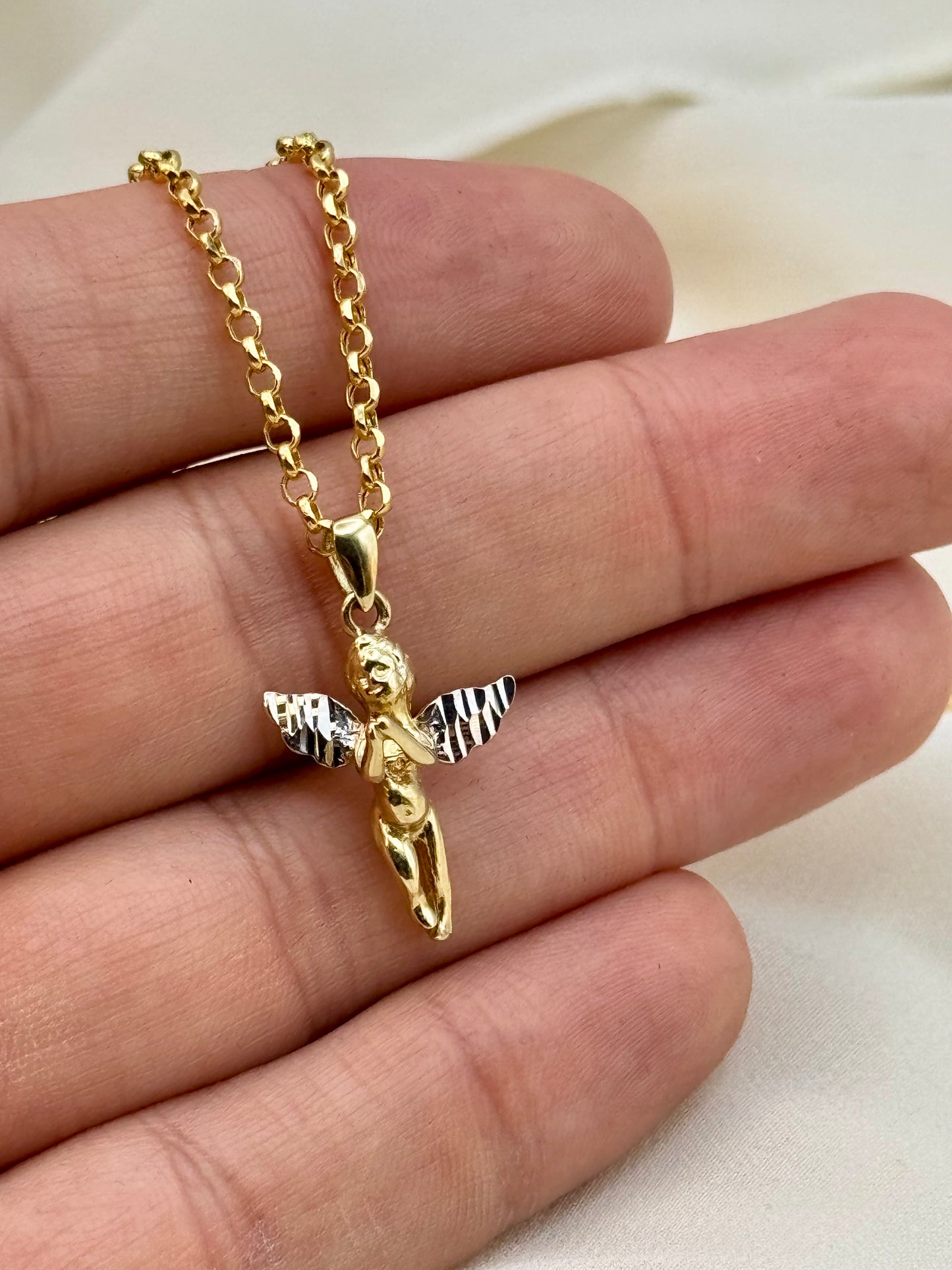 Collier ange en or 14 carats - 49,5 cm, 1,5 mm - Pendentif délicat bébé ange - Collier ange gardien