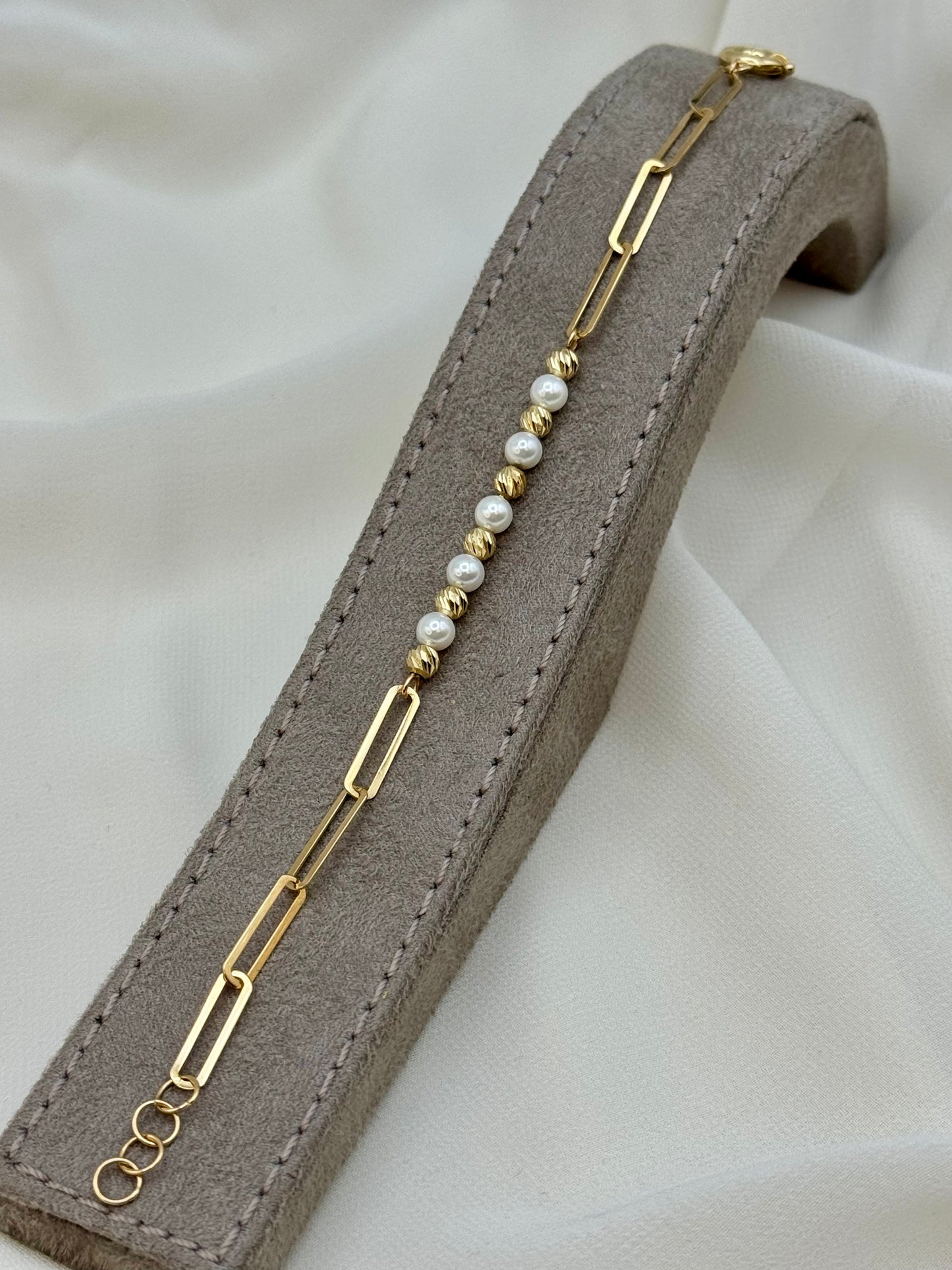 18K Solid Gold Paperclip Necklace with Cultured Pearls & Diamond-Cut Beads – Elegant Beaded Gold Necklace Gift for Her