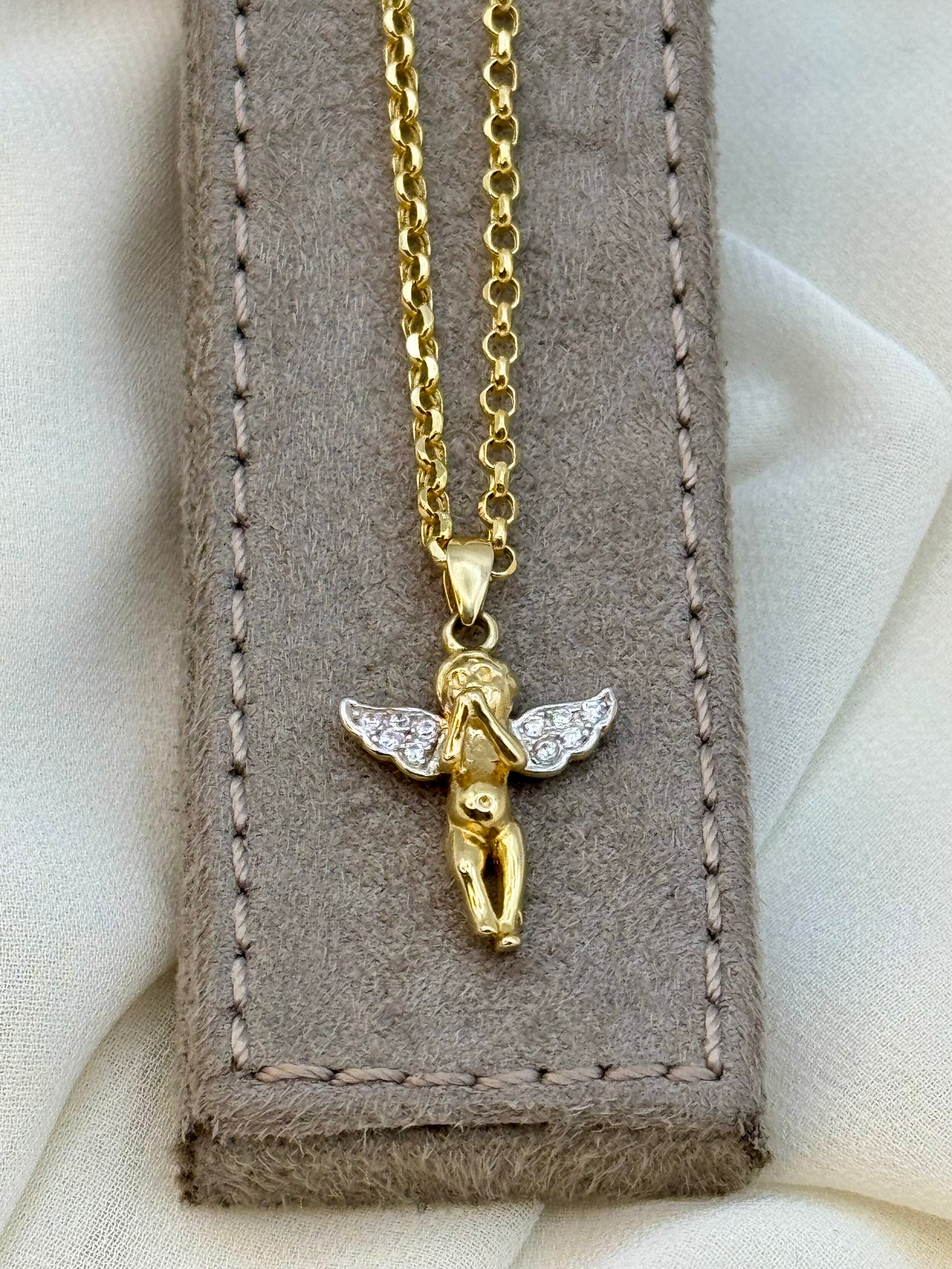 Collier ange en or 14 carats - 49,5 cm, 1,5 mm - Pendentif délicat bébé ange - Collier ange gardien