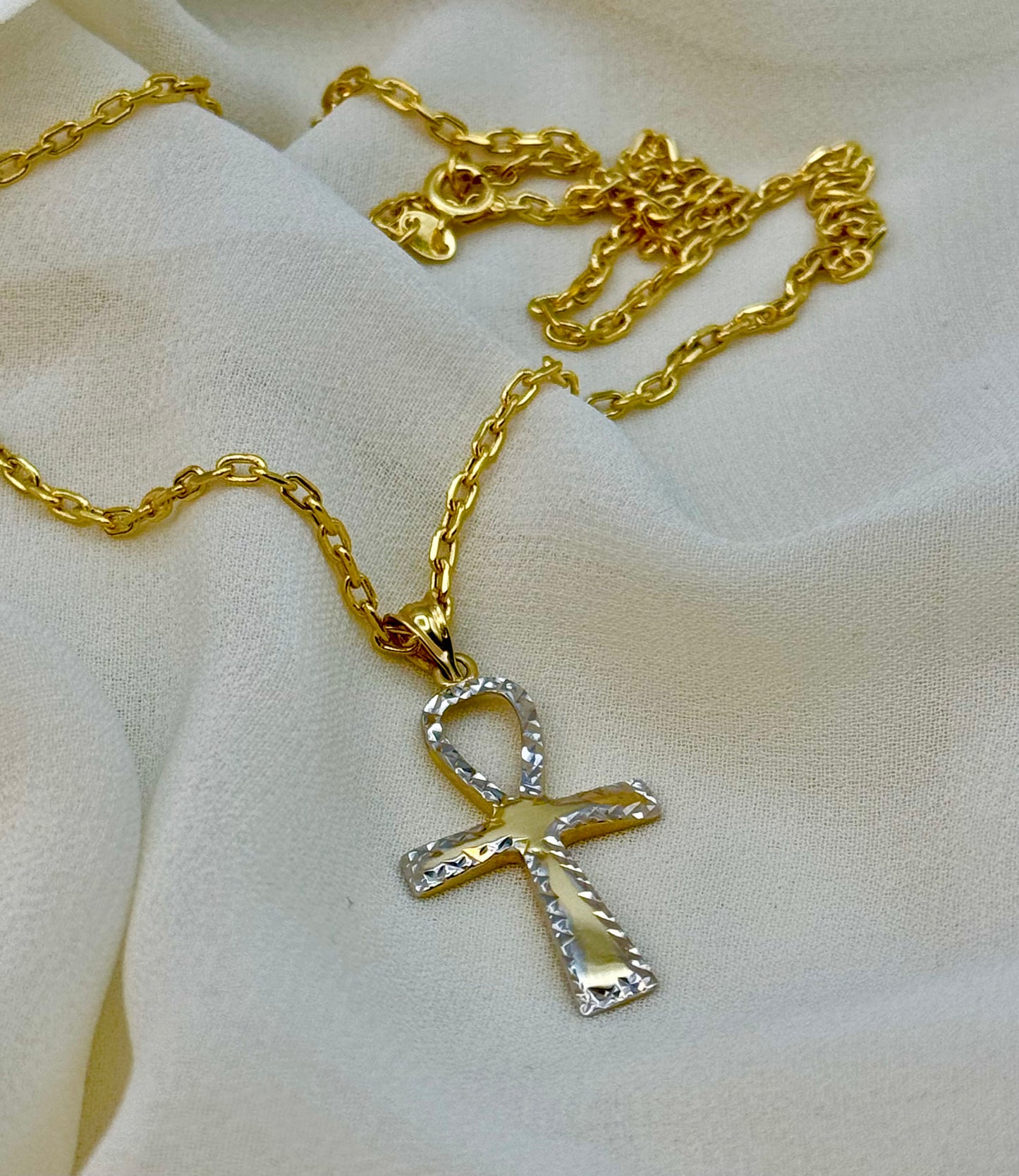 Pendentif croix Ankh en or 14 carats, taille diamant, et chaîne en or 18 carats, 44,5 cm – Collier croix Ankh unique en or, cadeau d'anniversaire idéal pour elle