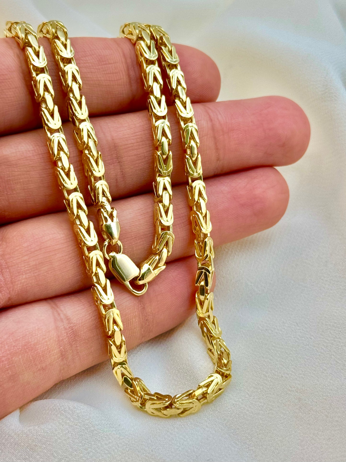 14K Solid Gold Byzantine Chain Necklace - 4mm Thickness, Available in 22", 24", 26" | Genuine Gold King Chain for Men | Perfect Birthday & Anniversary Gift.