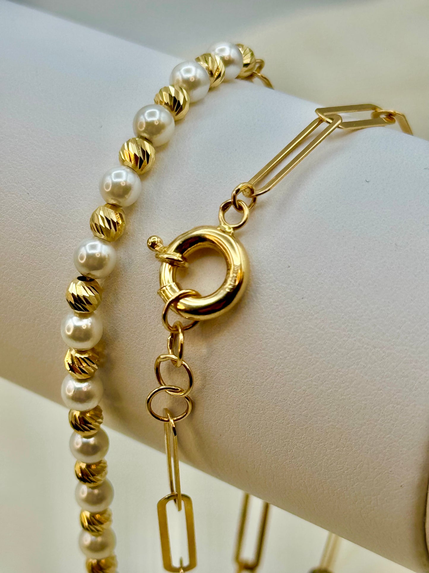 18K Solid Gold Paperclip Necklace with Cultured Pearls & Diamond-Cut Beads – Elegant Beaded Gold Necklace Gift for Her