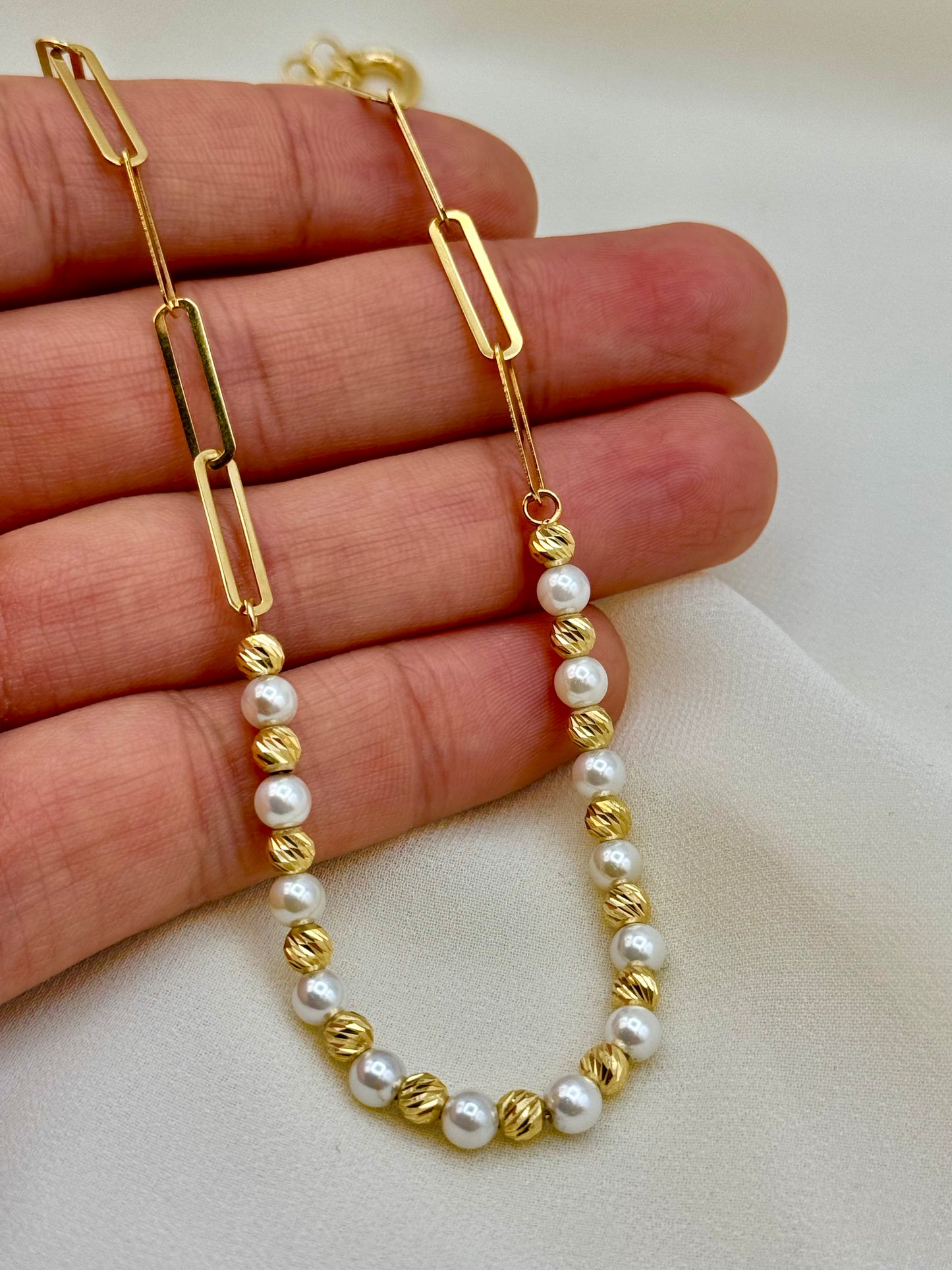 18K Solid Gold Paperclip Necklace with Cultured Pearls & Diamond-Cut Beads – Elegant Beaded Gold Necklace Gift for Her