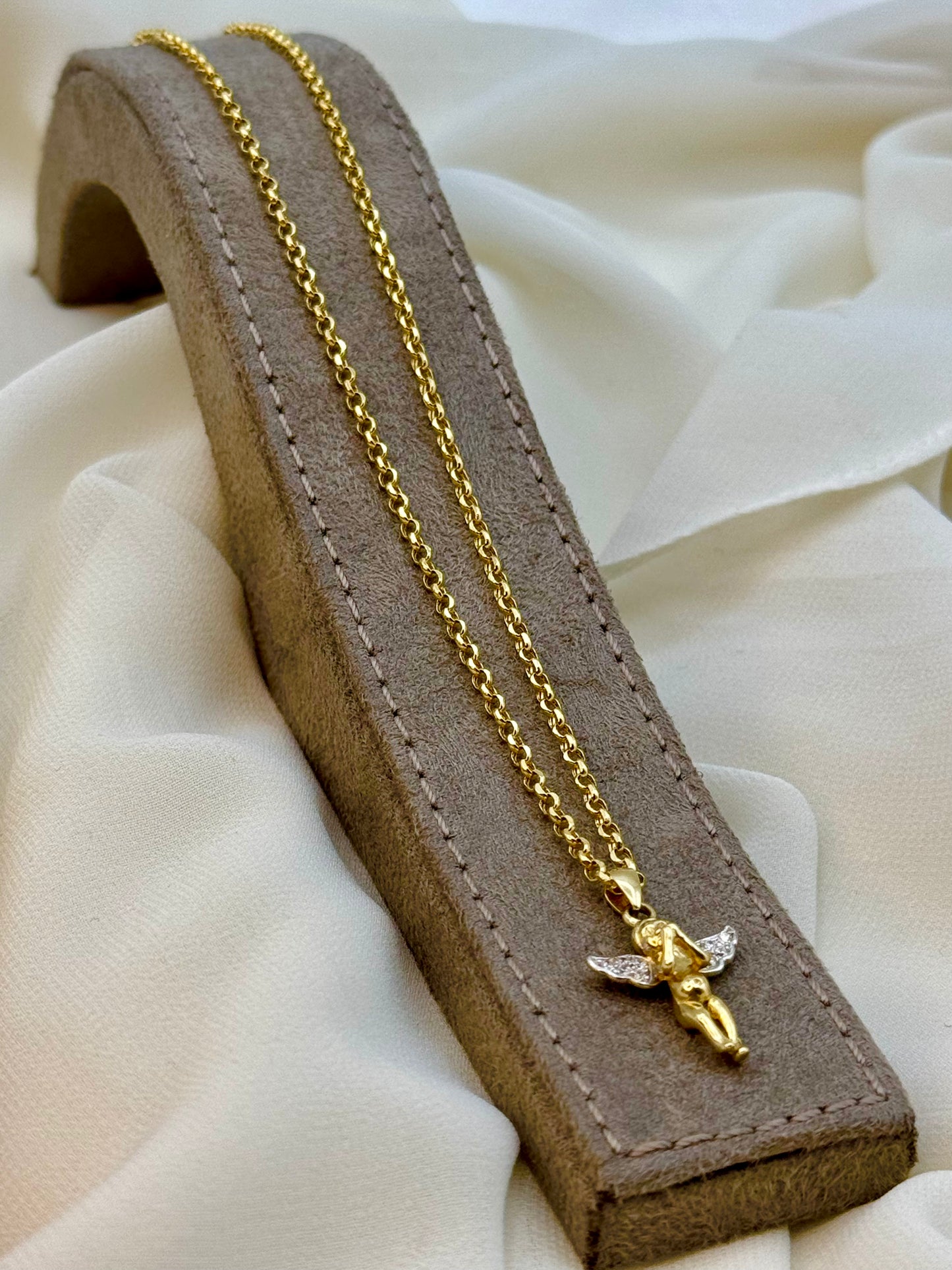 Collier ange en or 14 carats - 49,5 cm, 1,5 mm - Pendentif délicat bébé ange - Collier ange gardien