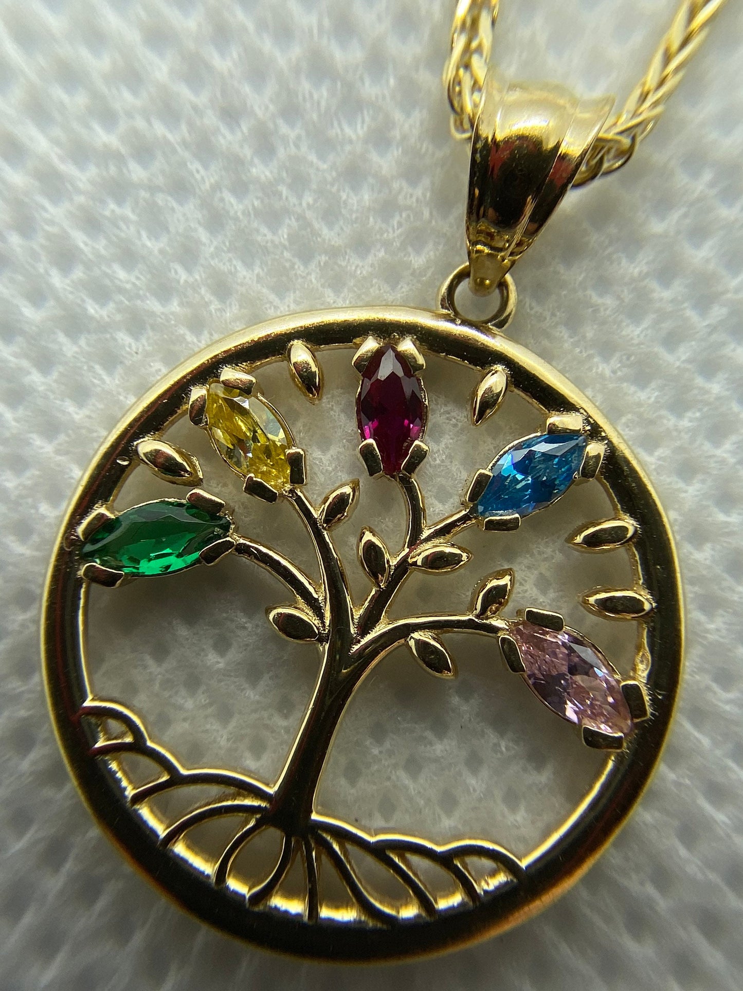 14k solid Gold tree of life necklace with colorful stones 21.5 inches