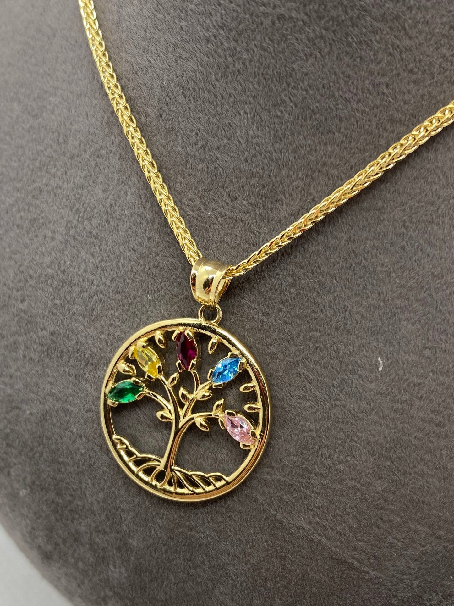 14k solid Gold tree of life necklace with colorful stones 21.5 inches