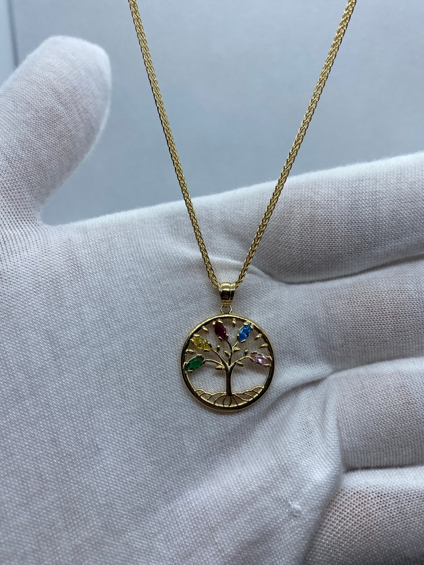14k solid Gold tree of life necklace with colorful stones 21.5 inches