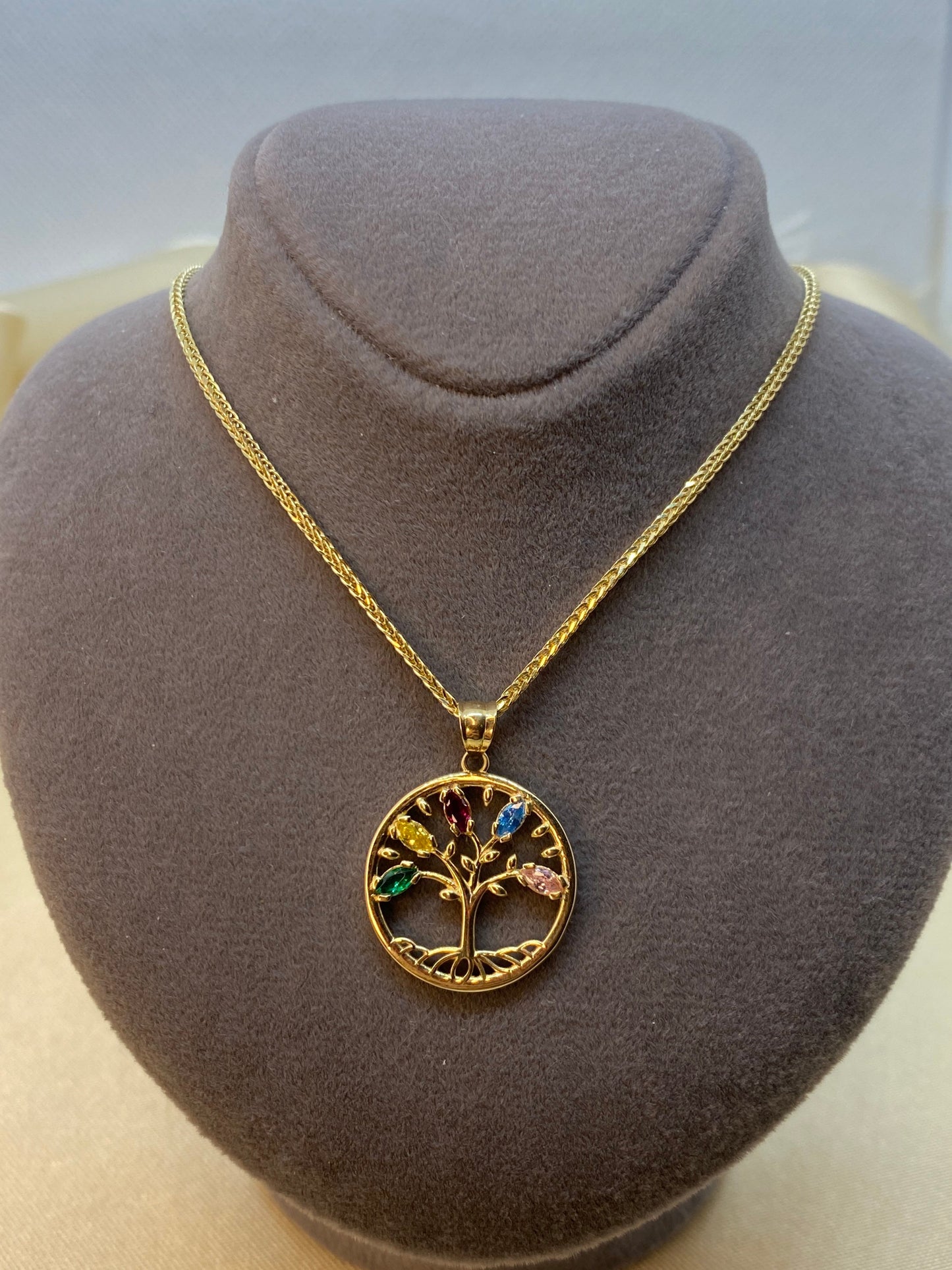 14k solid Gold tree of life necklace with colorful stones 21.5 inches