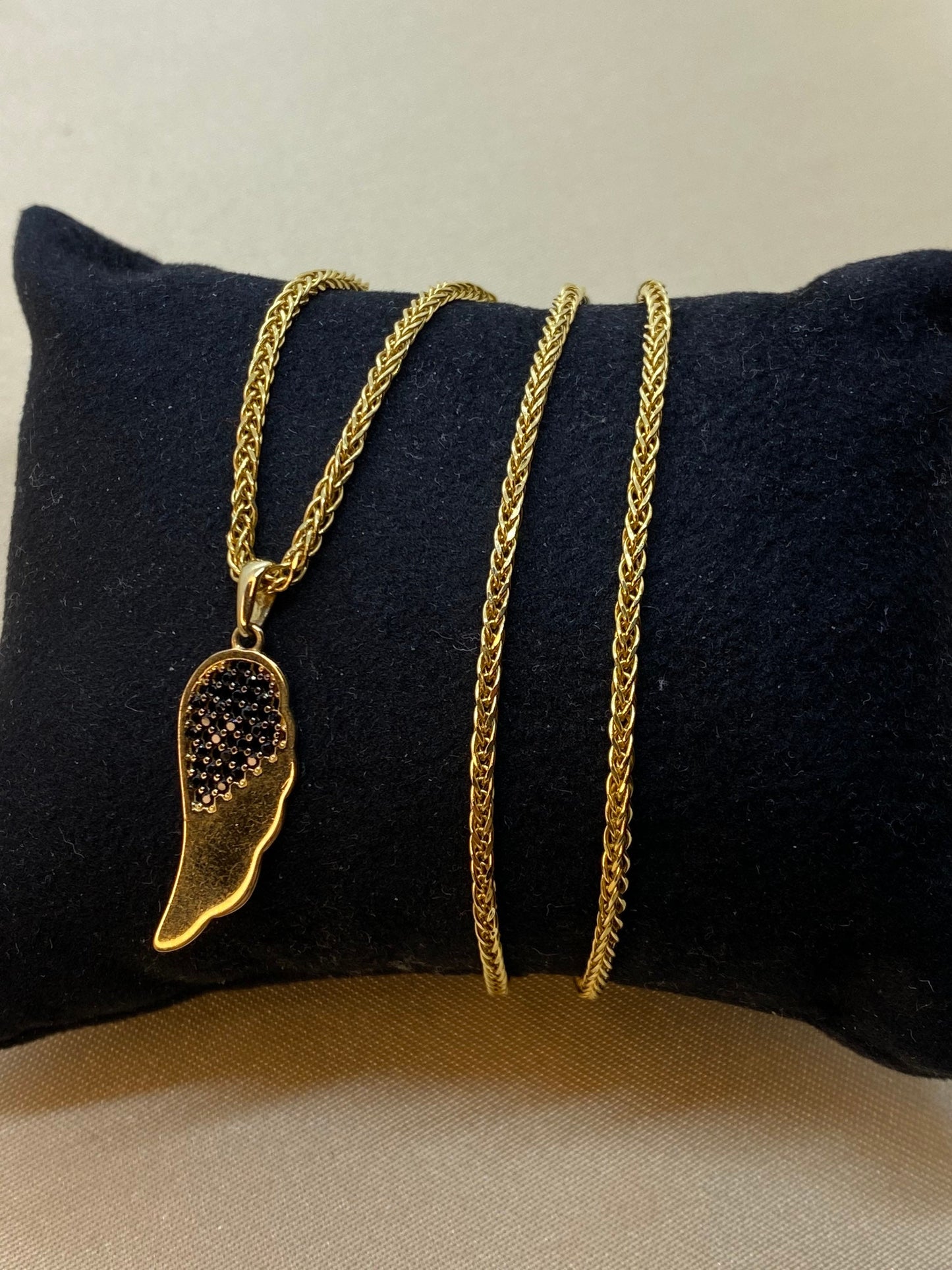 14k solid gold angel wing pendant with 18k foxtail necklace 19.5 inches,2mm