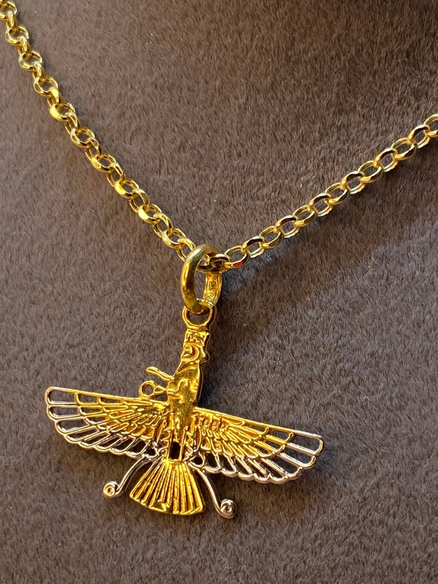 18k Solid Gold Farvahar Necklace – Zoroastrian Ahura Mazda Symbol Pendant with 19.5" Rolo Chain, 2mm | Persian Faravahar Necklace | Nowruz Gift | Birthday Gift