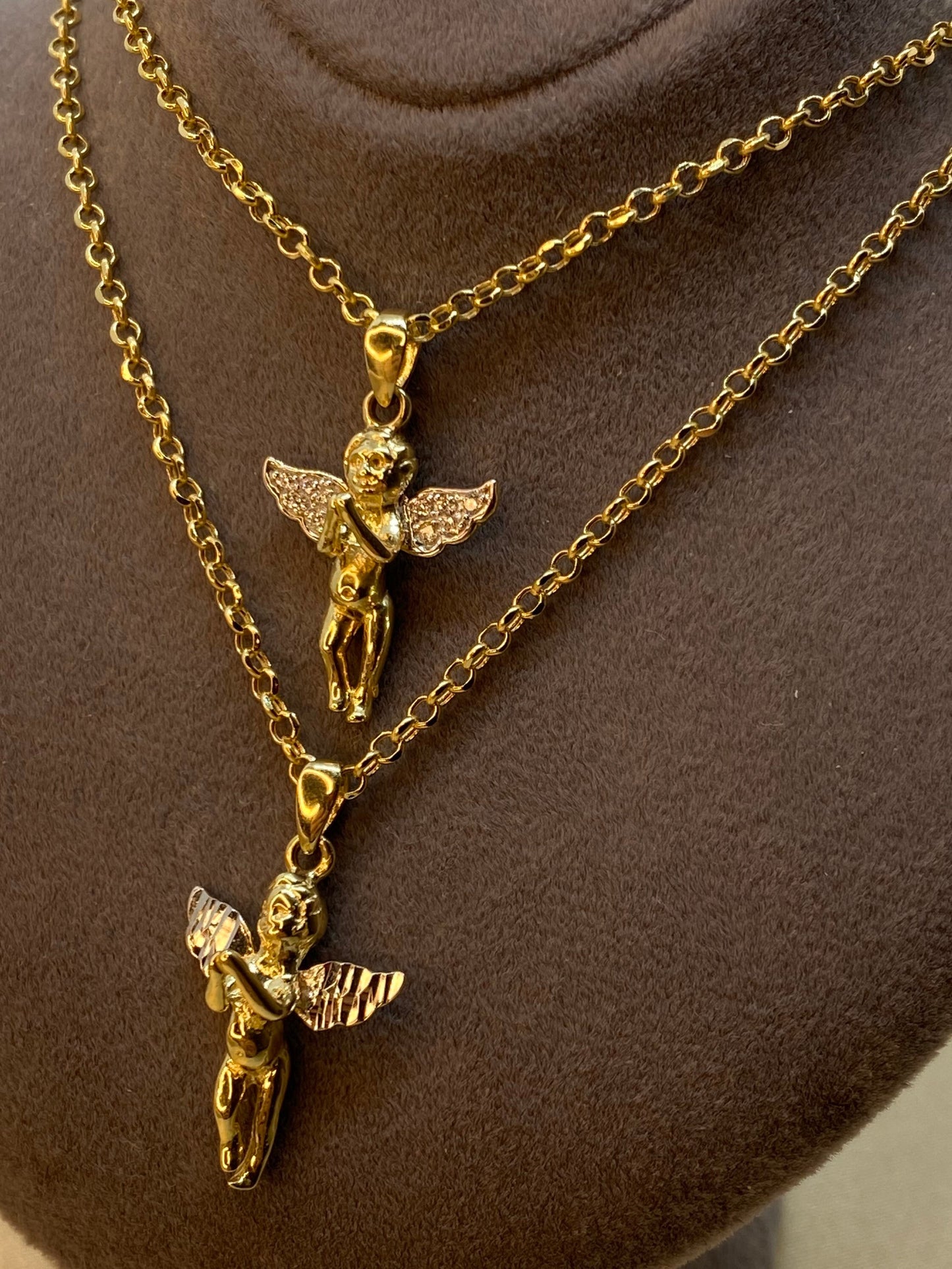 Collier ange en or 14 carats - 49,5 cm, 1,5 mm - Pendentif délicat bébé ange - Collier ange gardien