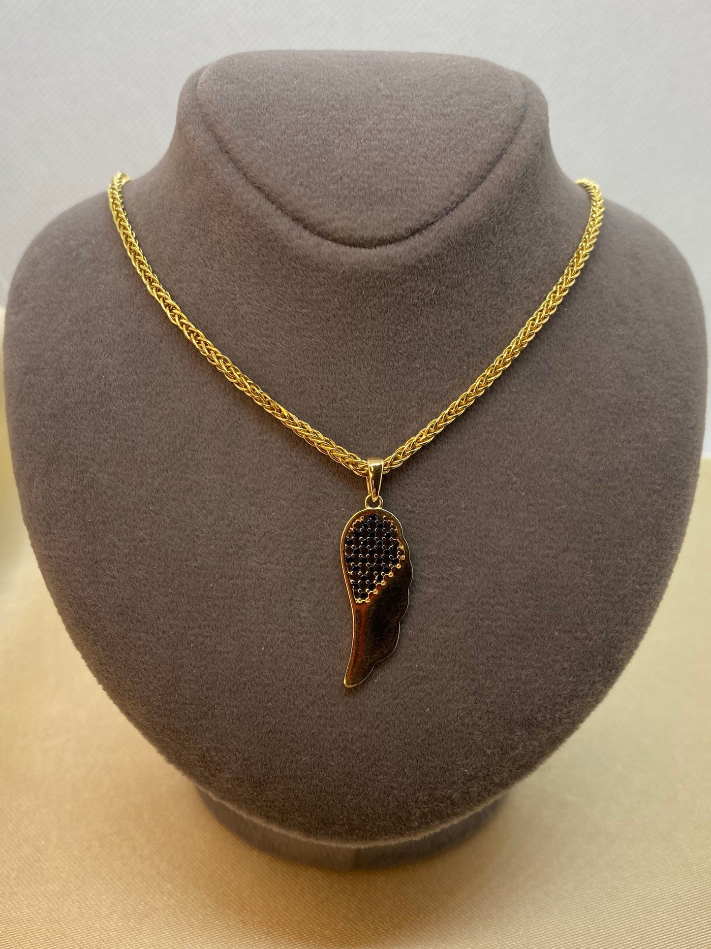 14k solid gold angel wing pendant with 18k foxtail necklace 19.5 inches,2mm