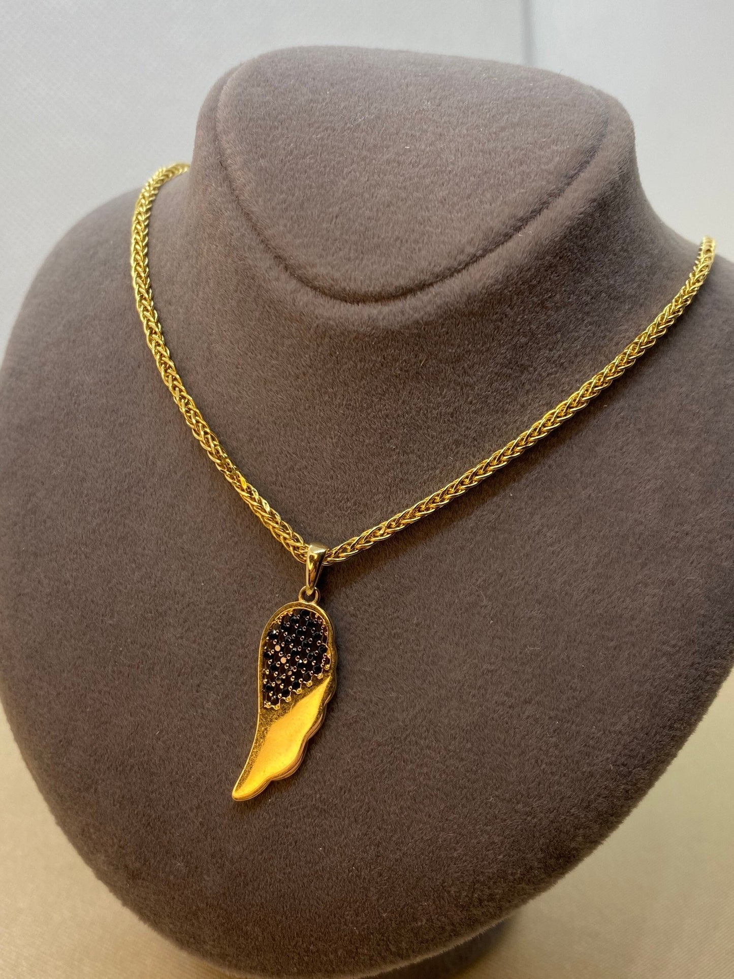 14k solid gold angel wing pendant with 18k foxtail necklace 19.5 inches,2mm