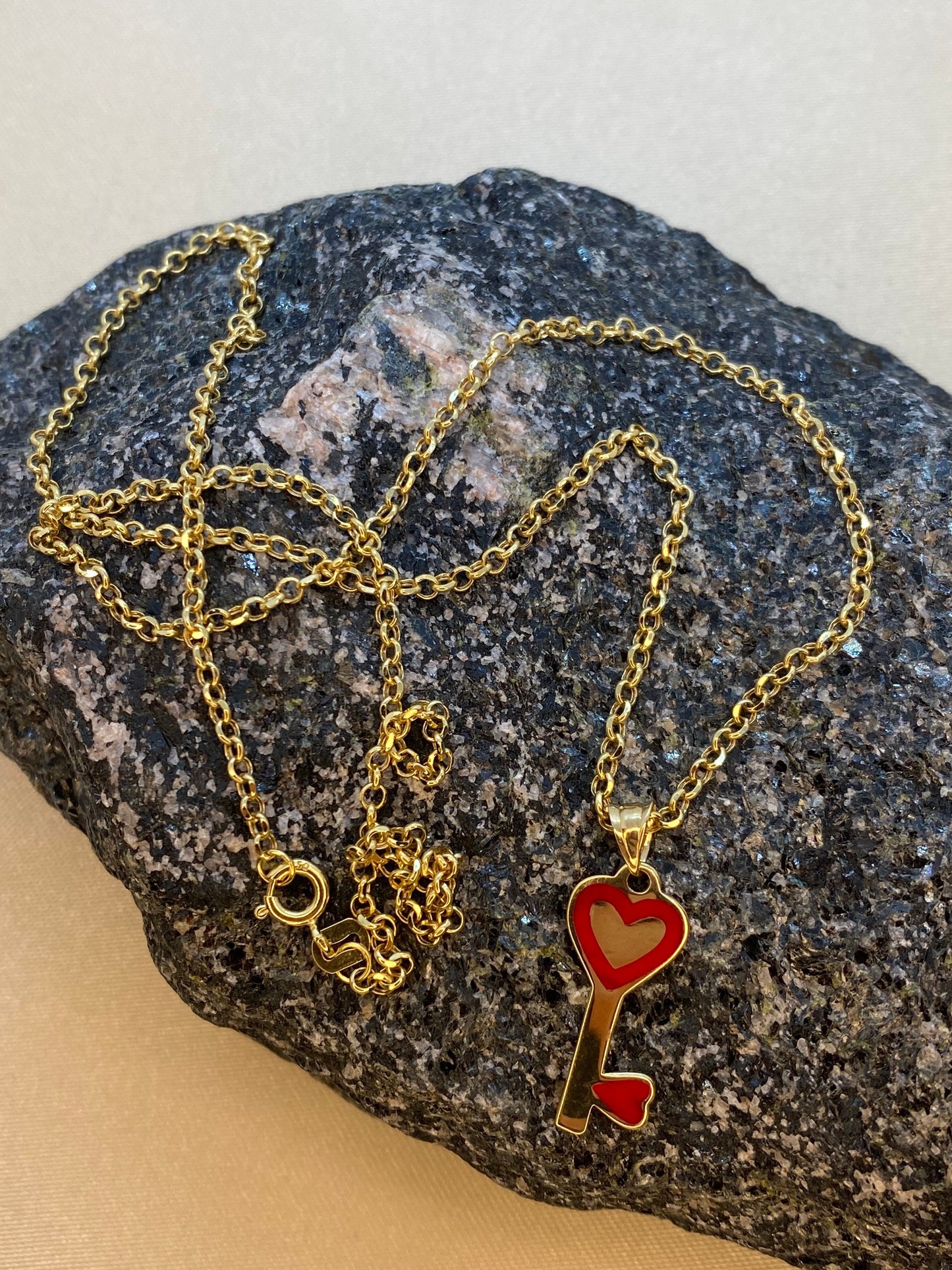 18K Solid Gold Heart Key Necklace – 19.5" (2mm) | Real Gold Love Necklace, Heart Pendant, Romantic Jewelry, Valentine’s Day Gift