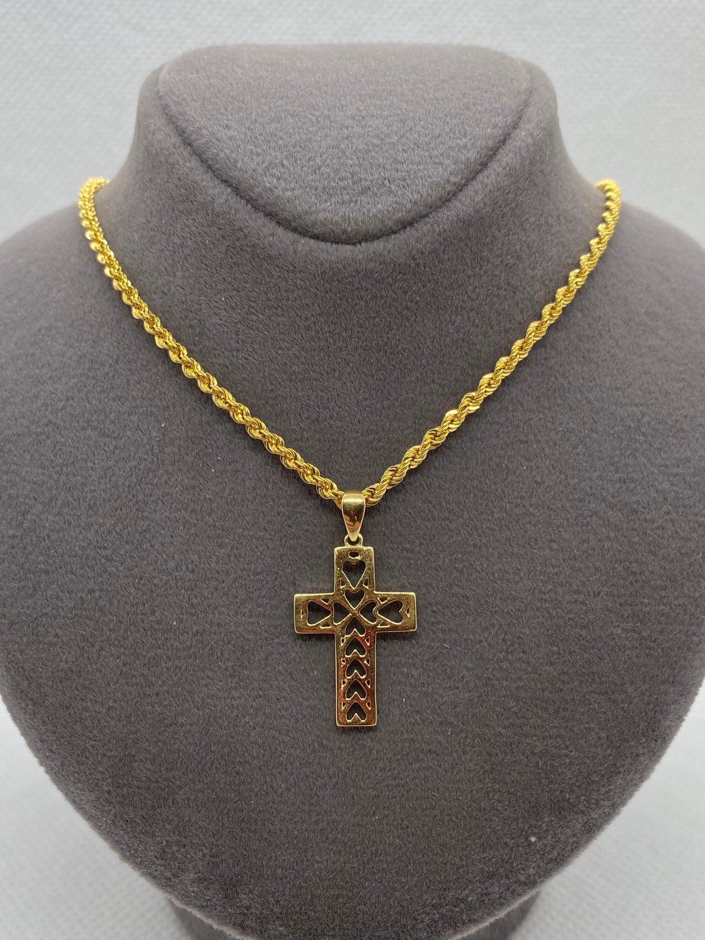 Collier en or massif 18 carats avec croix en forme de cœur, 19,5 pouces, 2 mm, cadeau de Saint-Valentin, pour elle, collier en or véritable 18 carats