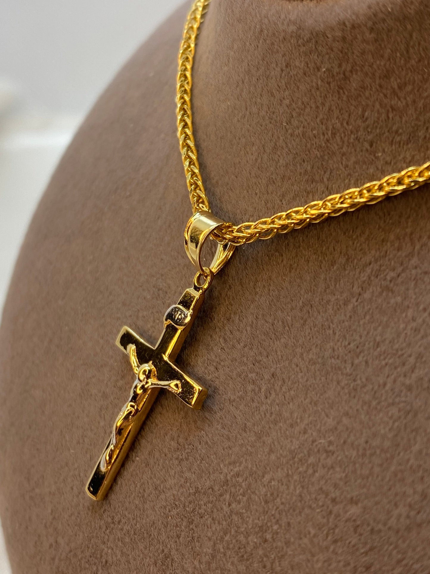 18K Solid Gold Cross Necklace with 18K Franco Chain – Shiny & Durable – 19.5" Length, 2mm Width – Luxury Gift for Him or Her