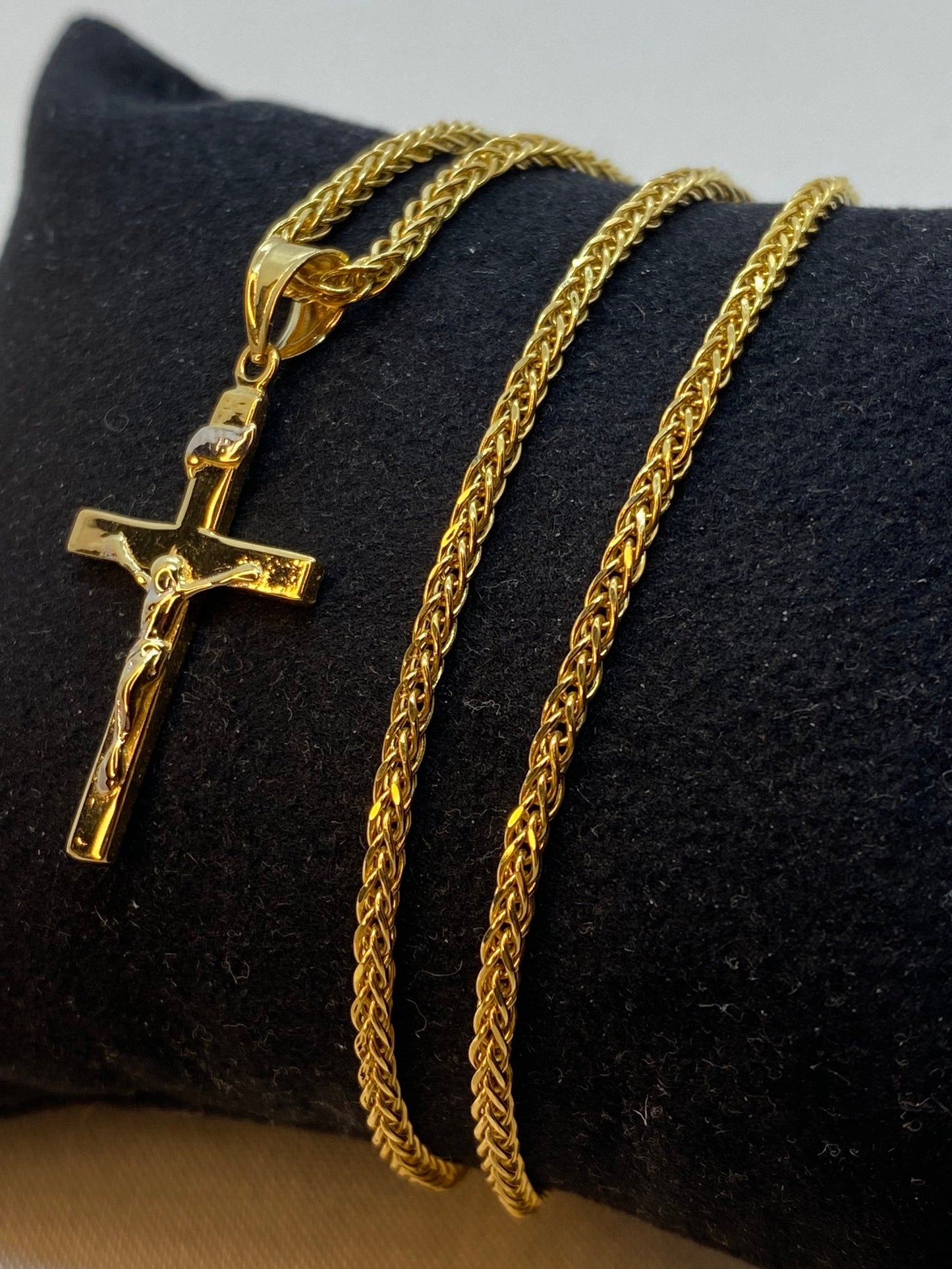 18K Solid Gold Cross Necklace with 18K Franco Chain – Shiny & Durable – 19.5" Length, 2mm Width – Luxury Gift for Him or Her