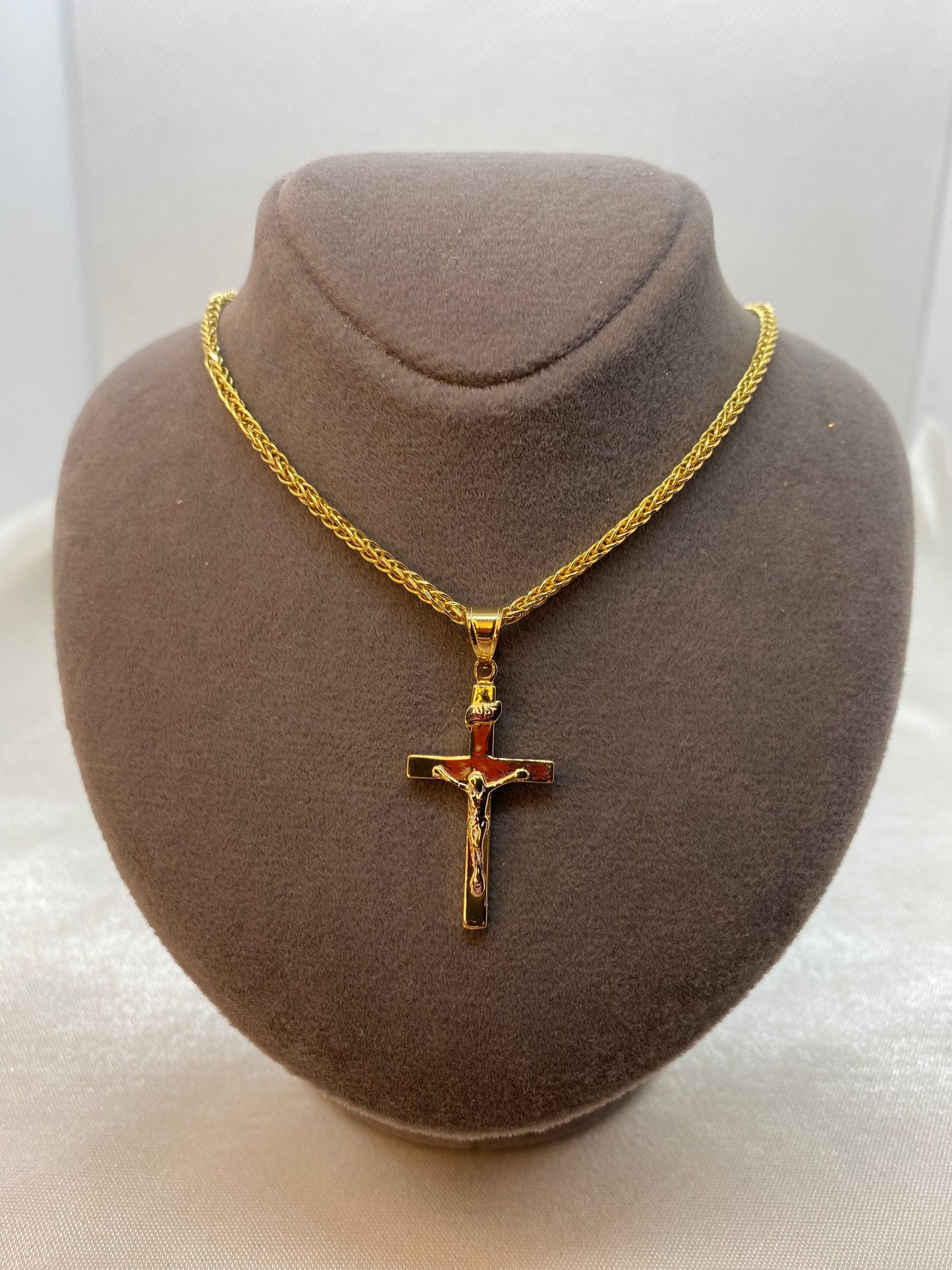 18K Solid Gold Cross Necklace with 18K Franco Chain – Shiny & Durable – 19.5" Length, 2mm Width – Luxury Gift for Him or Her