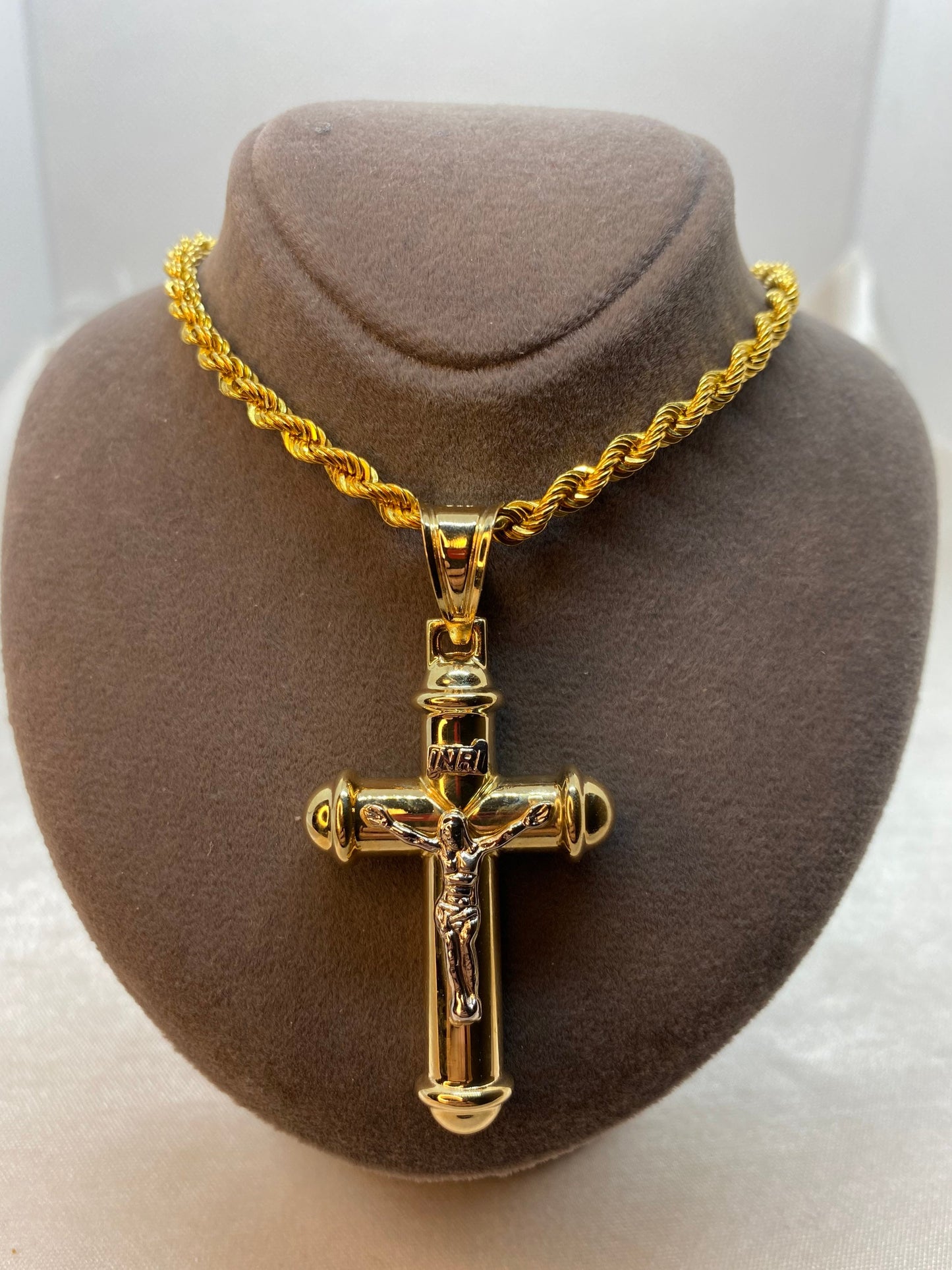 Collier croix en or 14 carats avec chaîne torsadée taille diamant – 59,7 cm, 4 mm, brillant et durable, pendentif en or véritable 14 carats – Parfait pour elle et lui