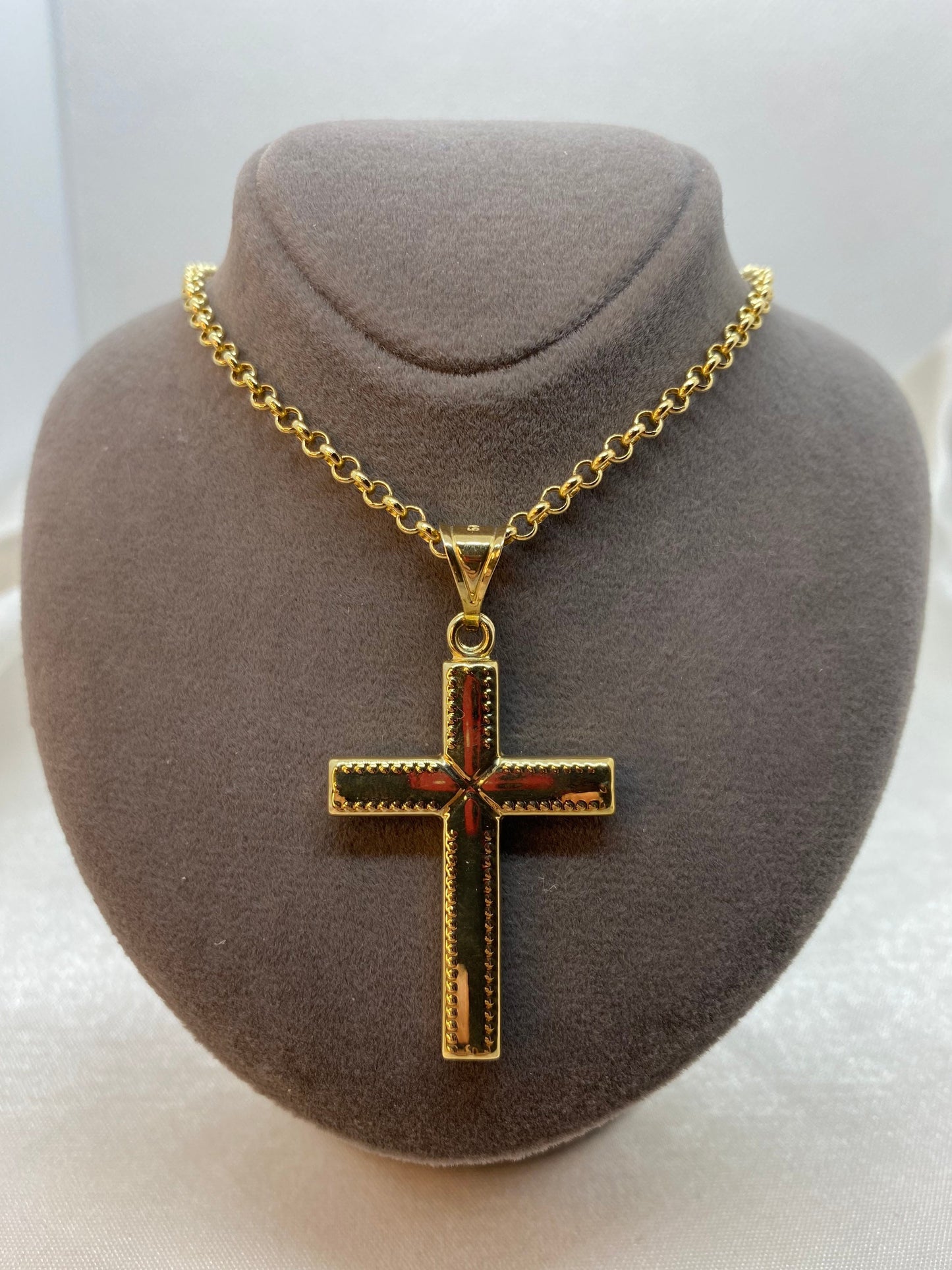 Collier croix en or 14 carats avec chaîne rolo – 55 cm, 3 mm, brillant et durable, pendentif croix en or véritable 14 carats – Parfait pour elle et lui