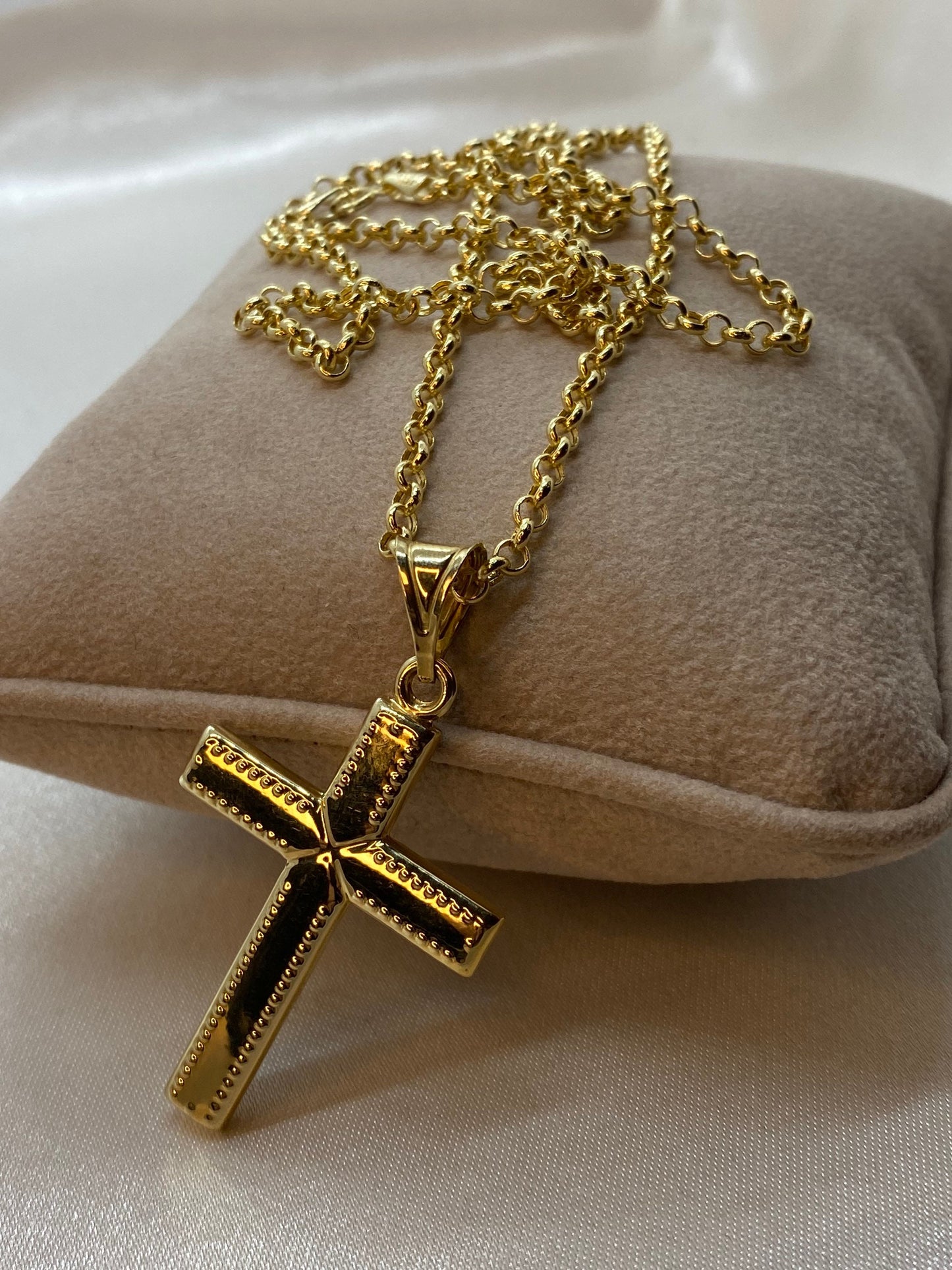 Collier croix en or 14 carats avec chaîne rolo – 55 cm, 3 mm, brillant et durable, pendentif croix en or véritable 14 carats – Parfait pour elle et lui