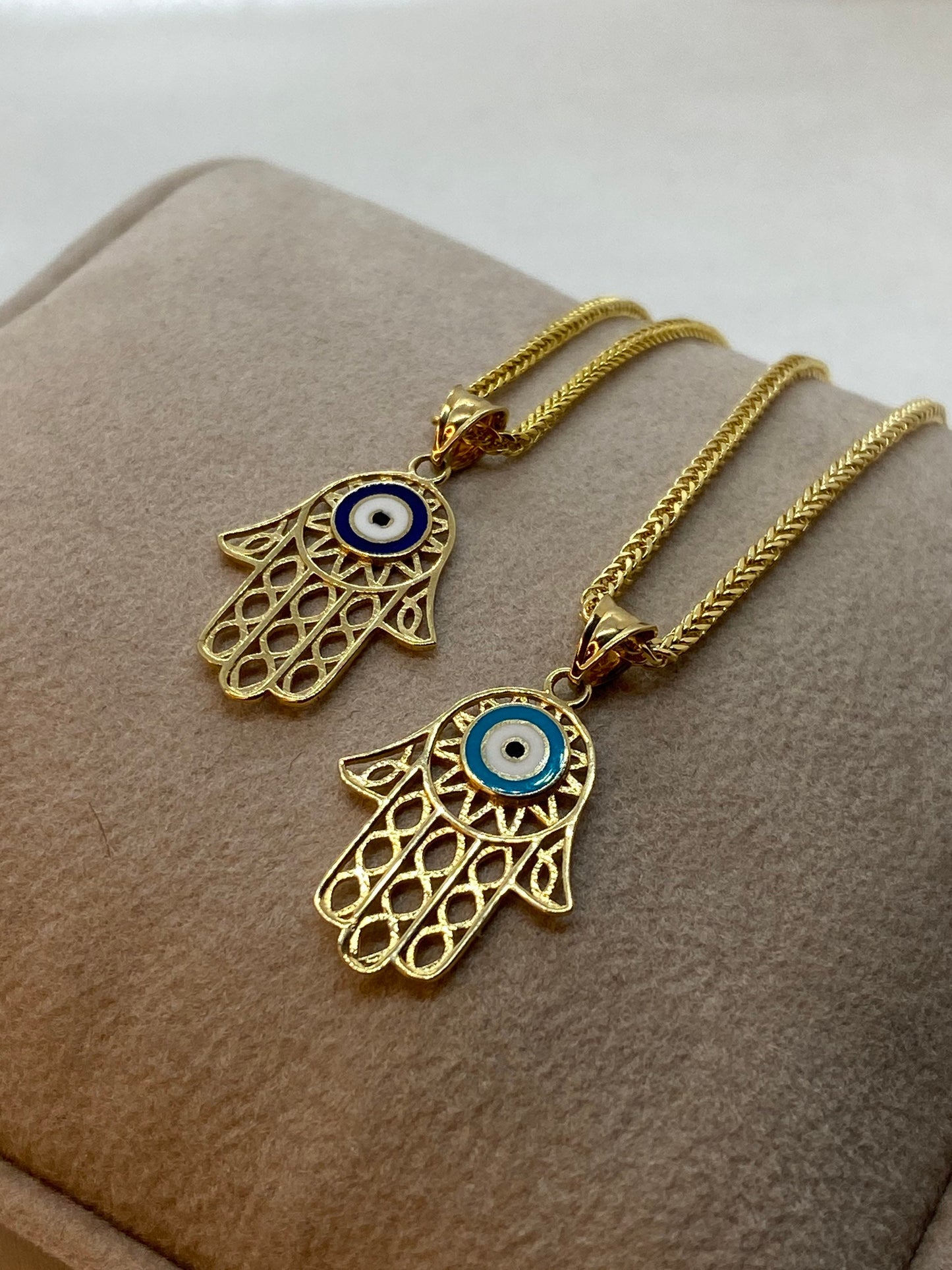 Collier mauvais œil en or 18 carats 49,5 cm, 1,5 mm, pendentif Hamsa en or véritable 18 carats avec collier en queue de renard, pour elle, cadeau pour elle, main de Fatima