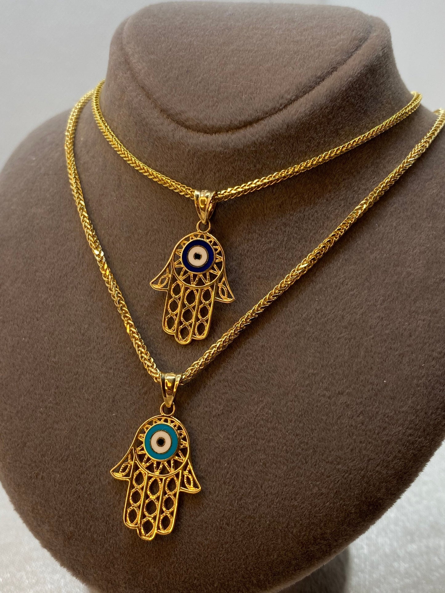 Collier mauvais œil en or 18 carats 49,5 cm, 1,5 mm, pendentif Hamsa en or véritable 18 carats avec collier en queue de renard, pour elle, cadeau pour elle, main de Fatima