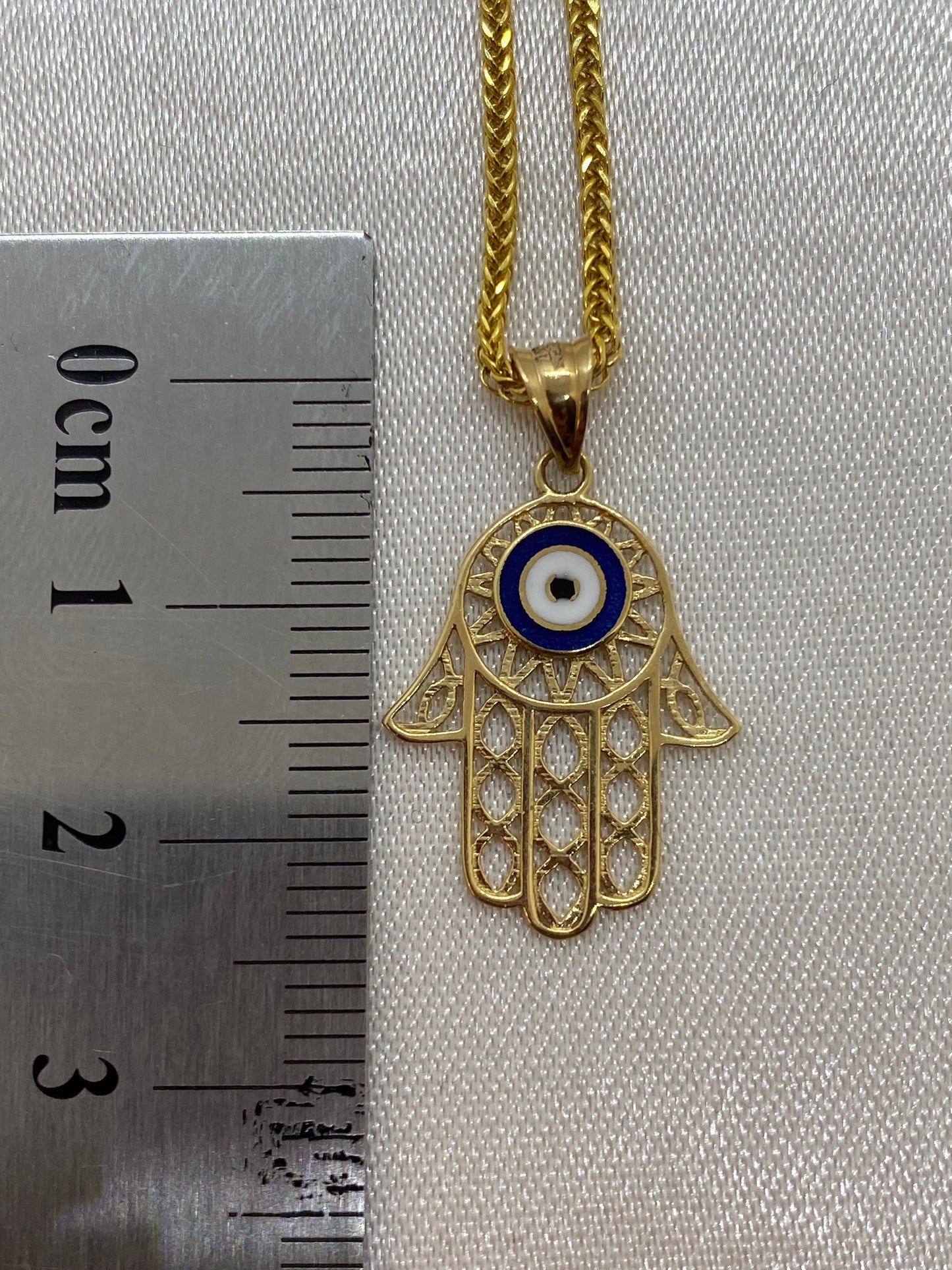 Collier mauvais œil en or 18 carats 49,5 cm, 1,5 mm, pendentif Hamsa en or véritable 18 carats avec collier en queue de renard, pour elle, cadeau pour elle, main de Fatima