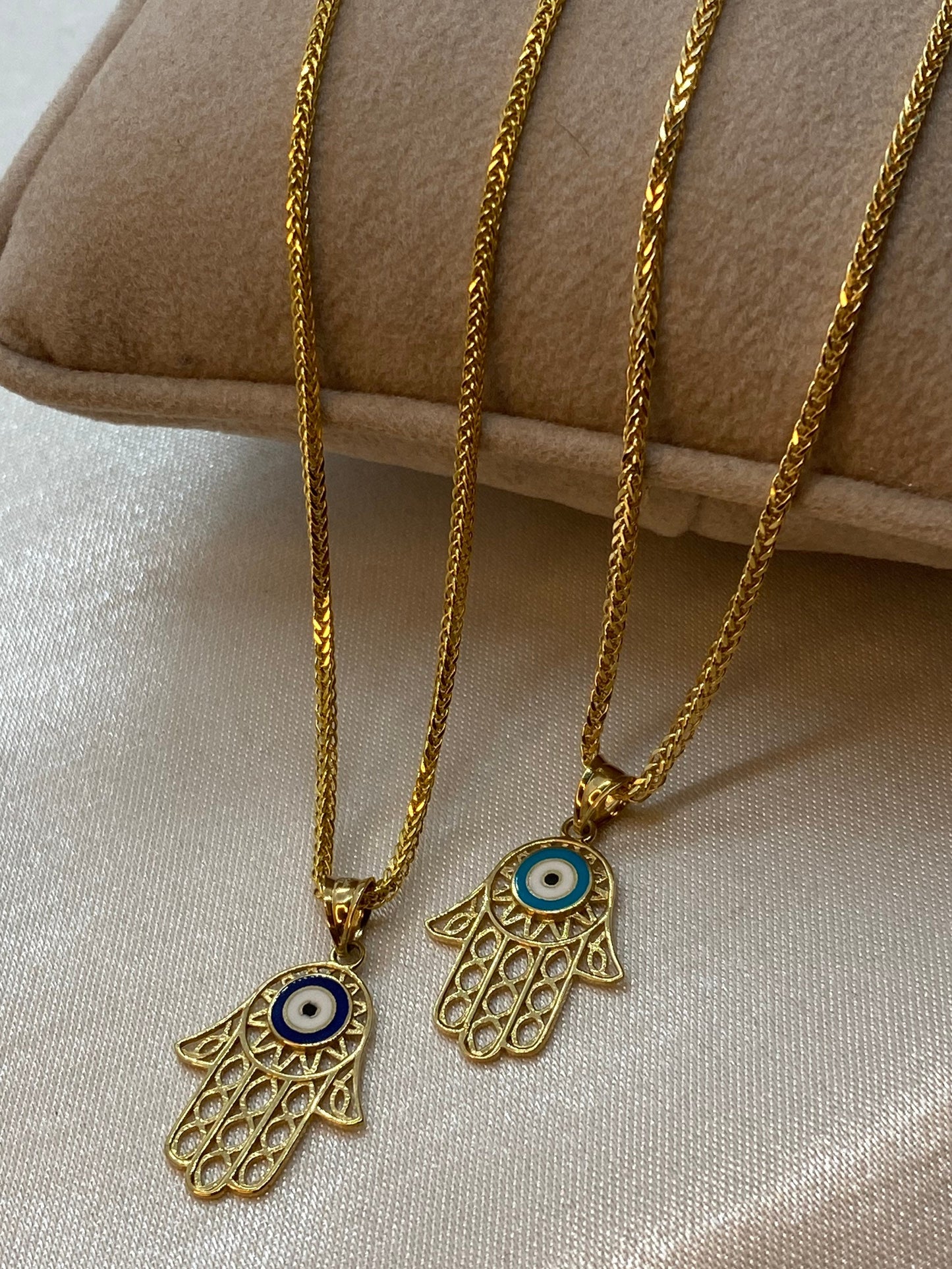 Collier mauvais œil en or 18 carats 49,5 cm, 1,5 mm, pendentif Hamsa en or véritable 18 carats avec collier en queue de renard, pour elle, cadeau pour elle, main de Fatima