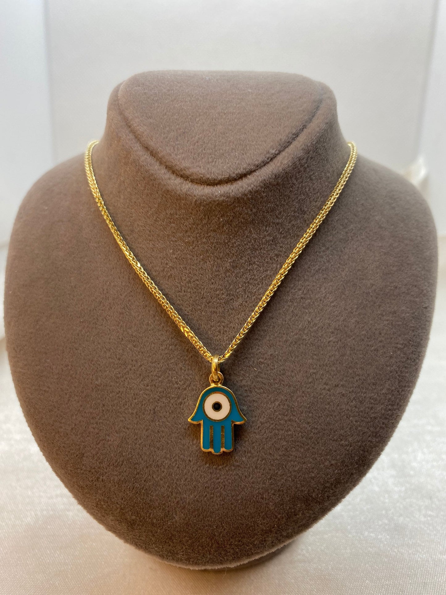 Collier mauvais œil en or 14 carats 49,5 cm, 1,5 mm, pendentif Hamsa en or véritable 14 carats avec collier en queue de renard, pour elle, cadeau pour elle, main de Fatima